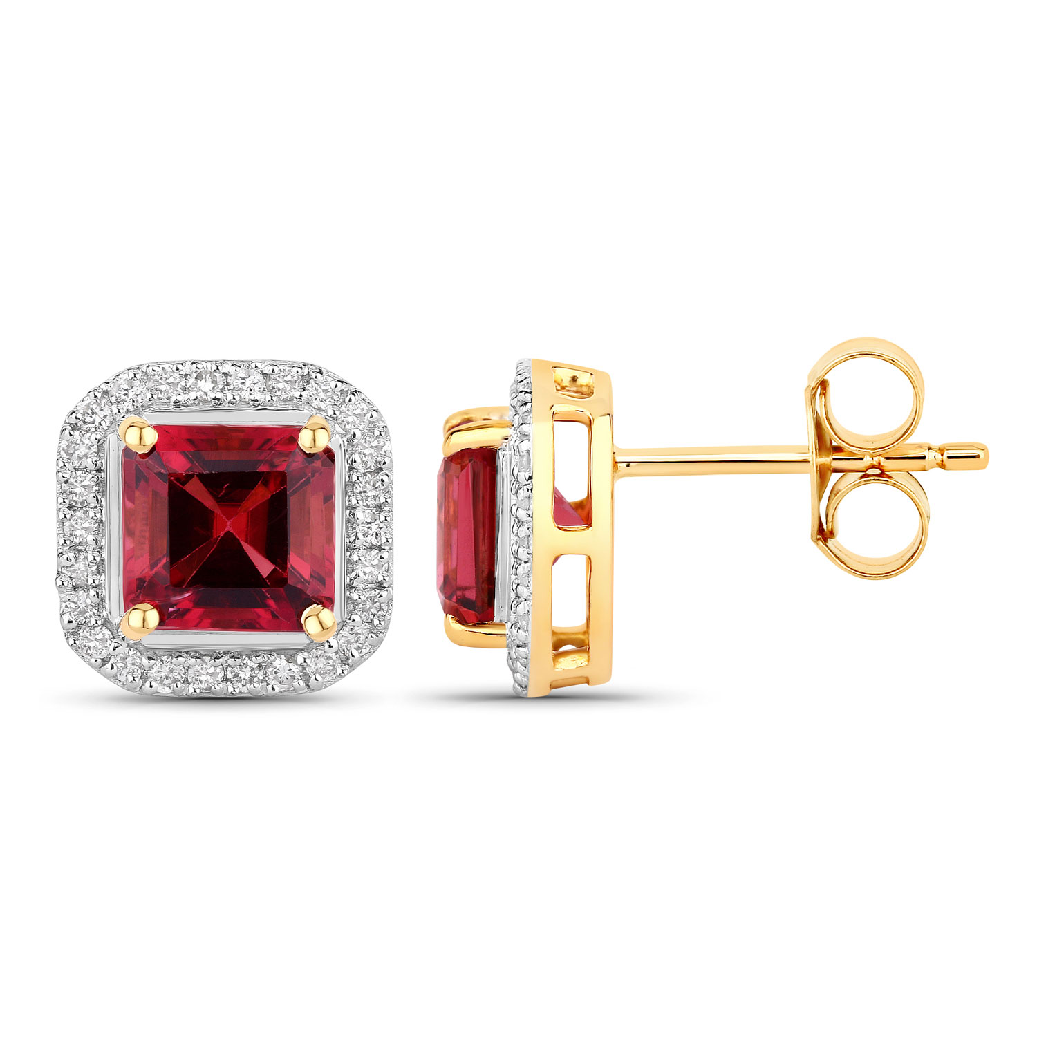 2.72 Carat Genuine Rubellite and White Diamond 14K Yellow Gold Earrings