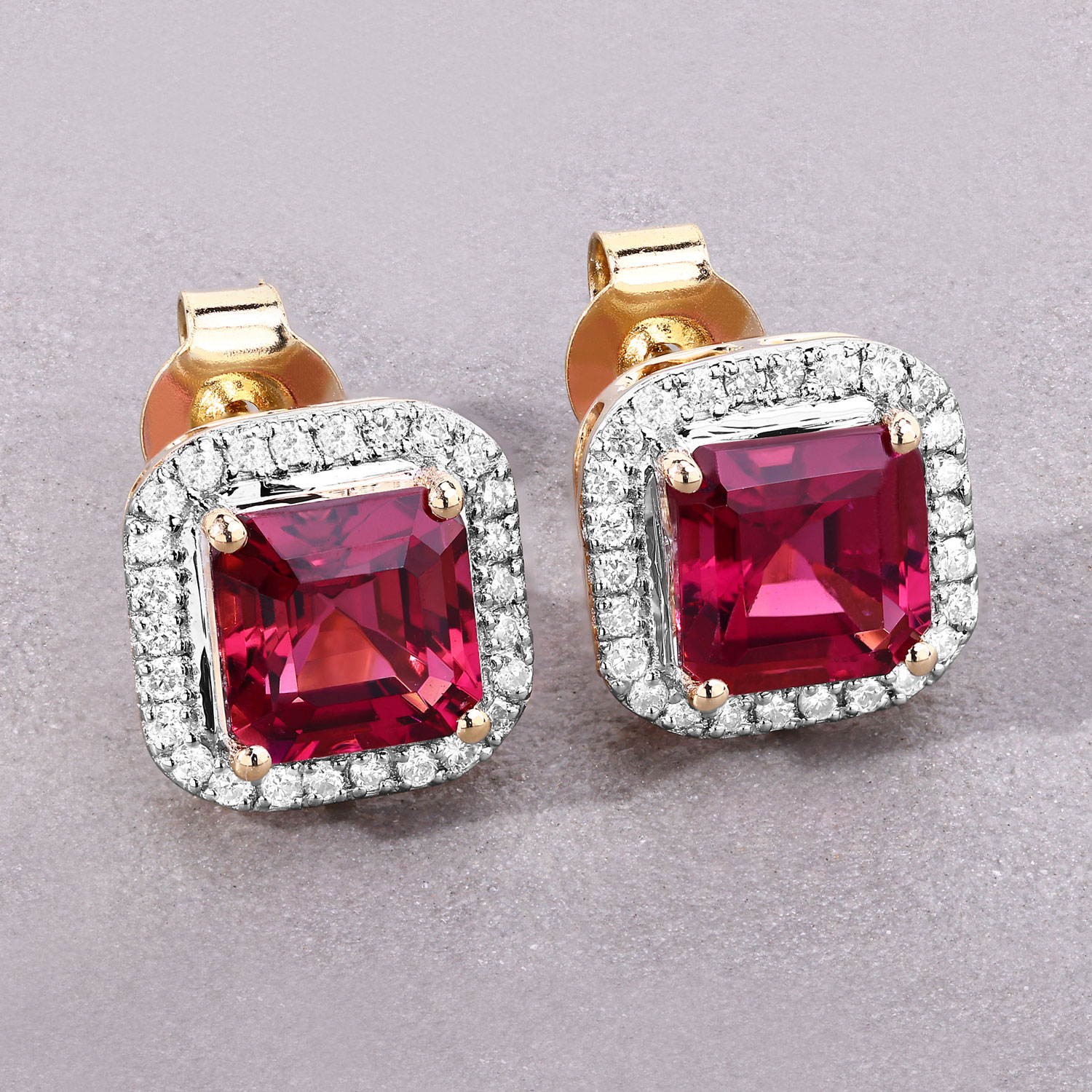 2.72 Carat Genuine Rubellite and White Diamond 14K Yellow Gold Earrings