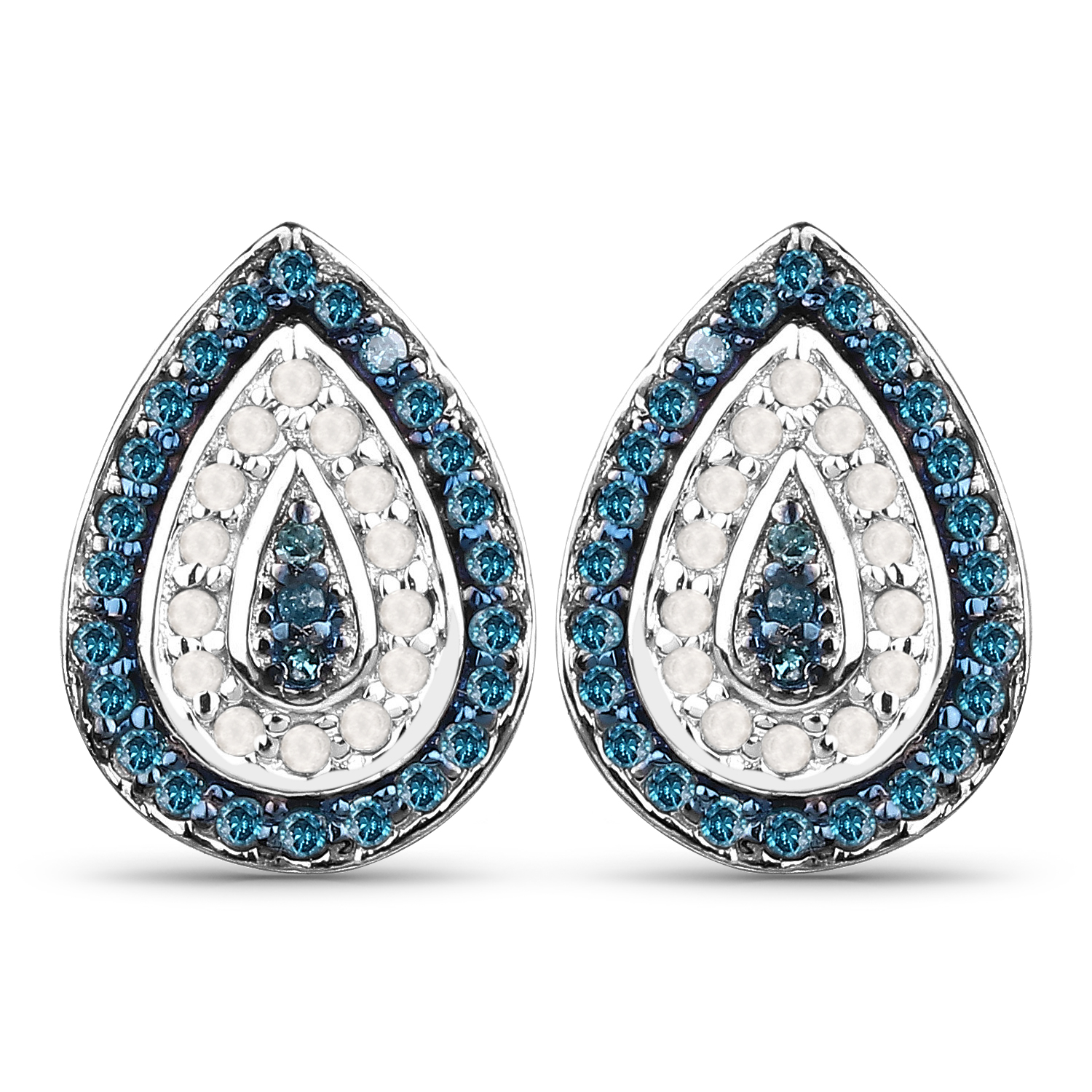 0.43 Carat Genuine Blue Diamond and White Diamond .925 Sterling Silver Earrings