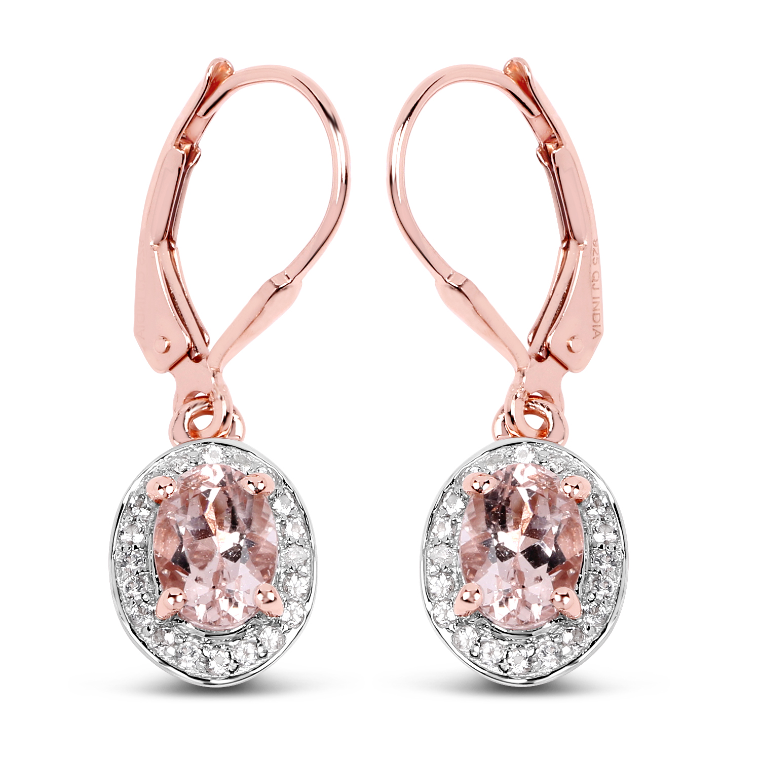 14K Rose Gold Plated 1.60 Carat Genuine Morganite and White Topaz .925 Sterling Silver Earrings