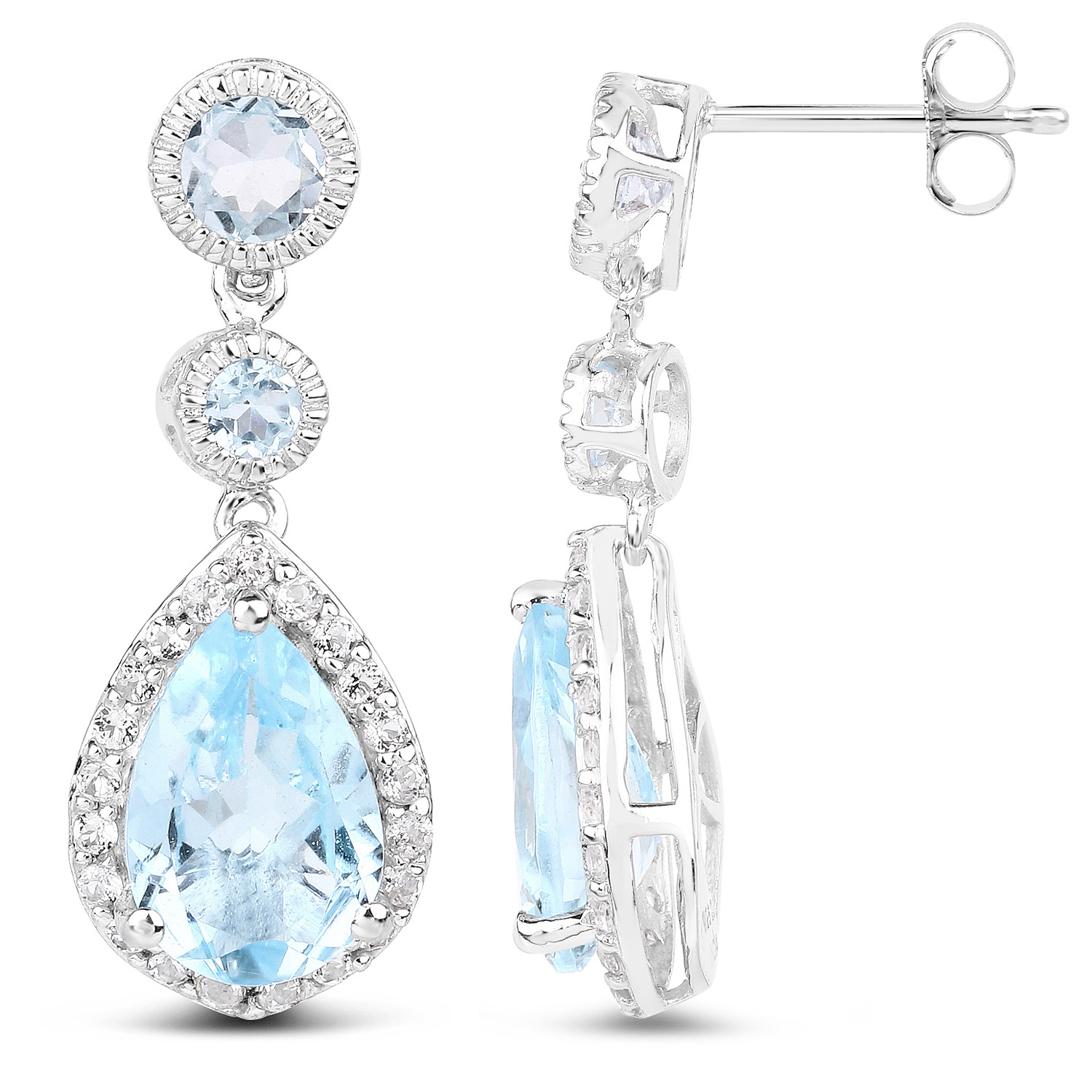 9.46 Carat Genuine Blue Topaz and White Topaz .925 Sterling Silver Earrings