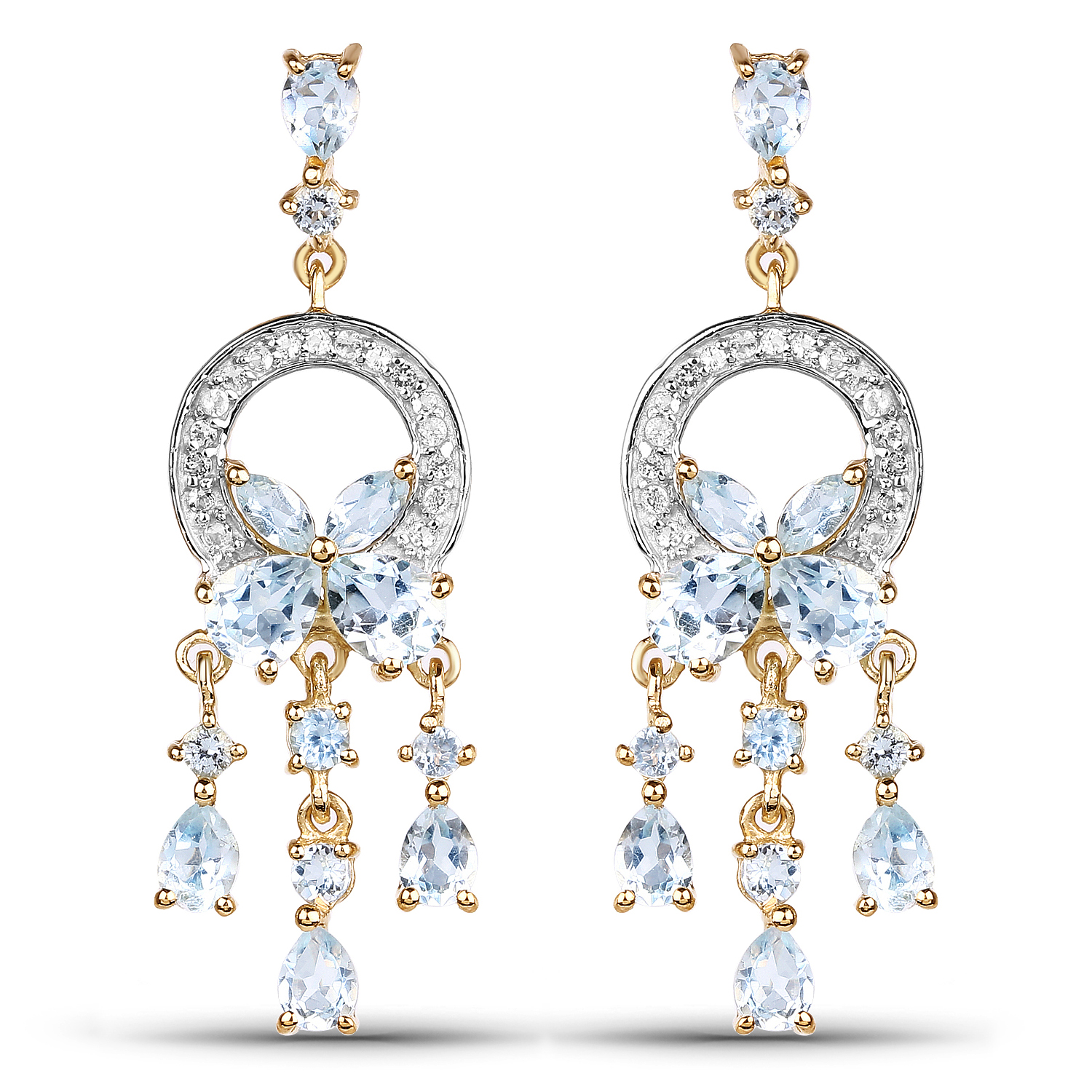 14K Yellow Gold Plated 3.89 Carat Genuine Blue Topaz & White Topaz .925 Sterling Silver Earrings