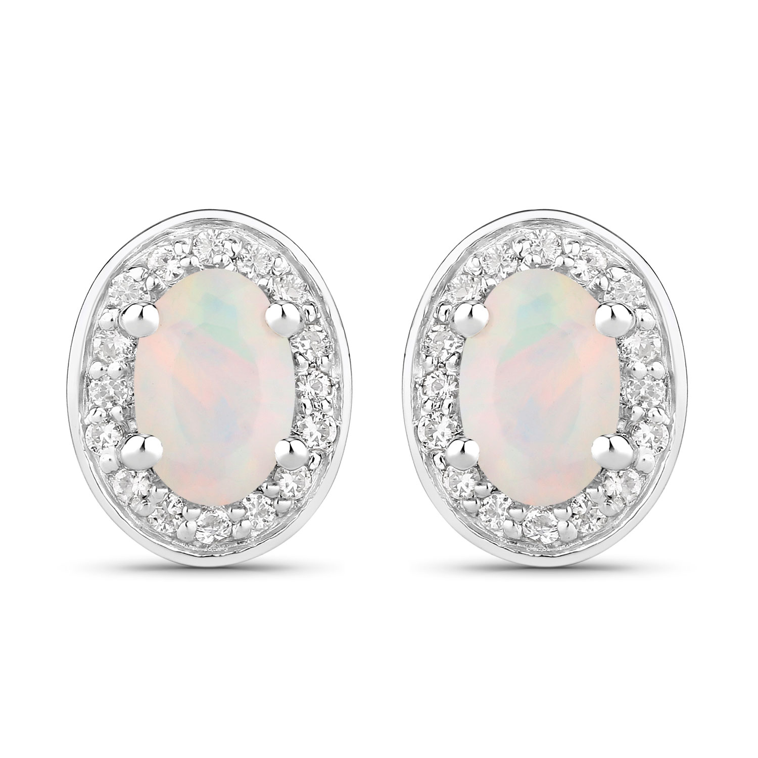 0.65 Carat Genuine Ethiopian Opal and Created White Sapphire .925 Sterling Silver Earrings