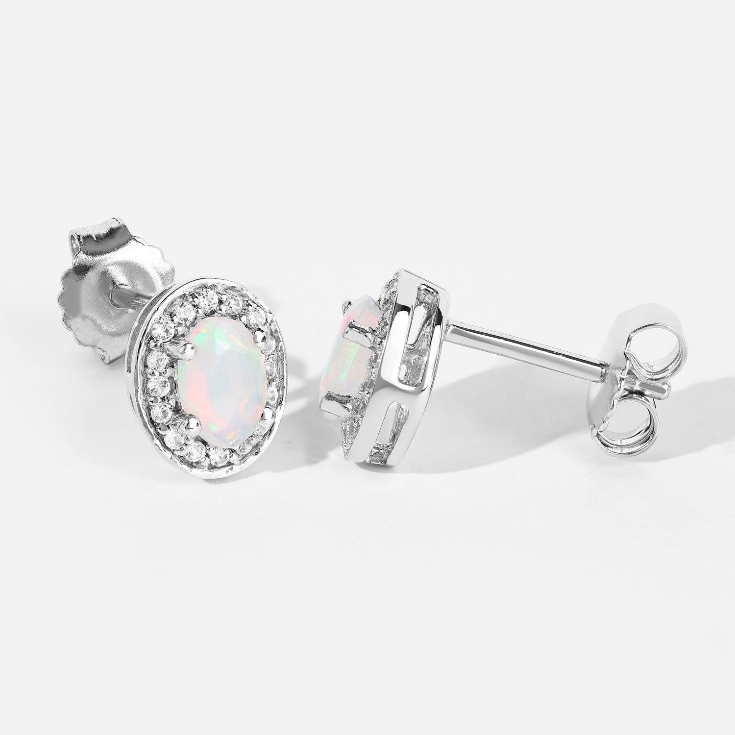 0.65 Carat Genuine Ethiopian Opal and Created White Sapphire .925 Sterling Silver Earrings