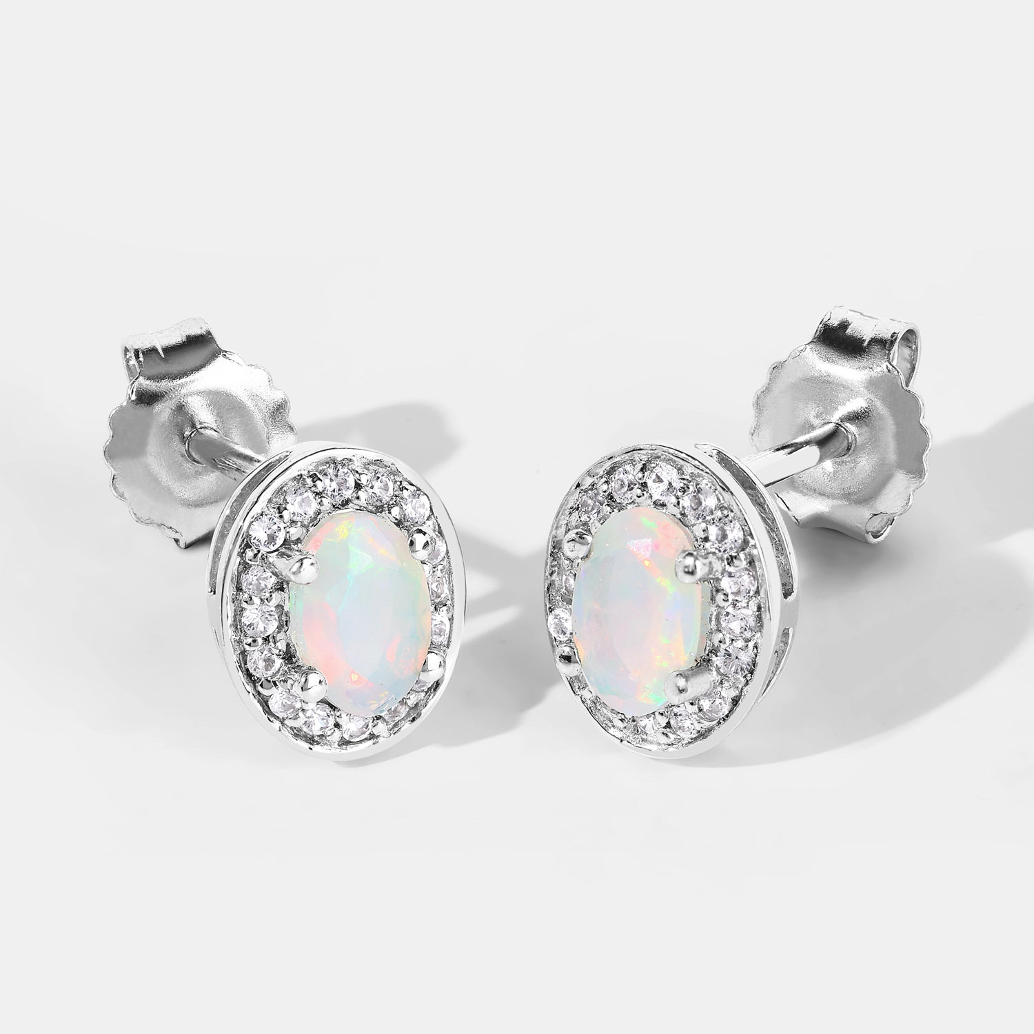 0.65 Carat Genuine Ethiopian Opal and Created White Sapphire .925 Sterling Silver Earrings