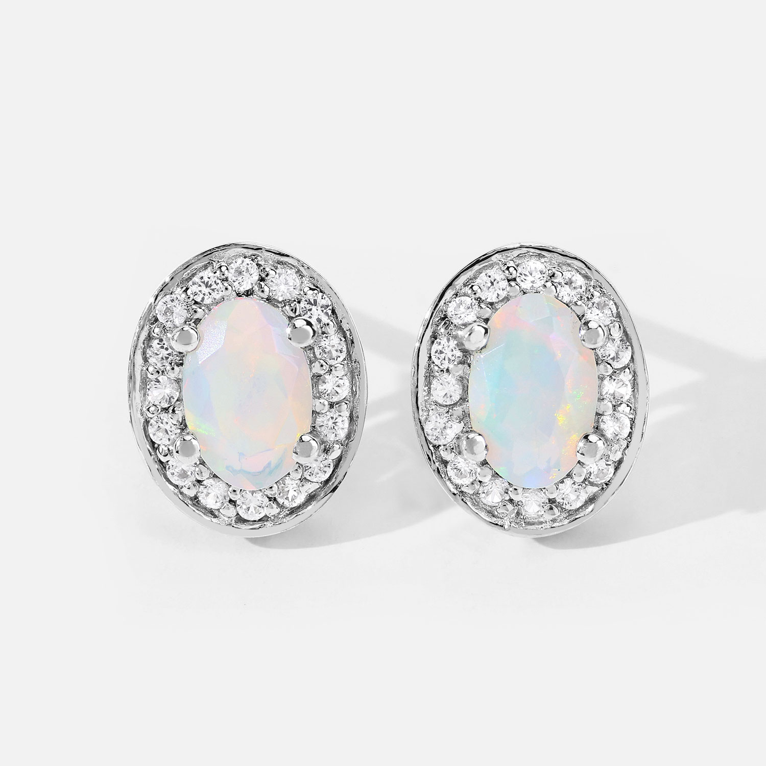 0.65 Carat Genuine Ethiopian Opal and Created White Sapphire .925 Sterling Silver Earrings