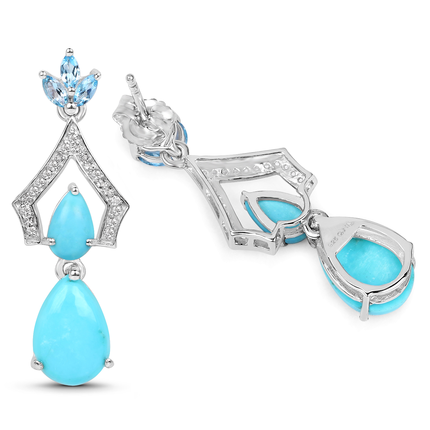 7.05 Carat Genuine Turquoise, Swiss Blue Topaz & White Topaz .925 Sterling Silver Earrings