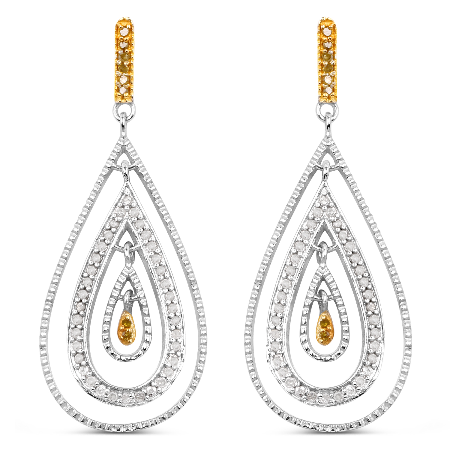 0.51 Carat Genuine White Diamond and Yellow Diamond .925 Sterling Silver Earrings