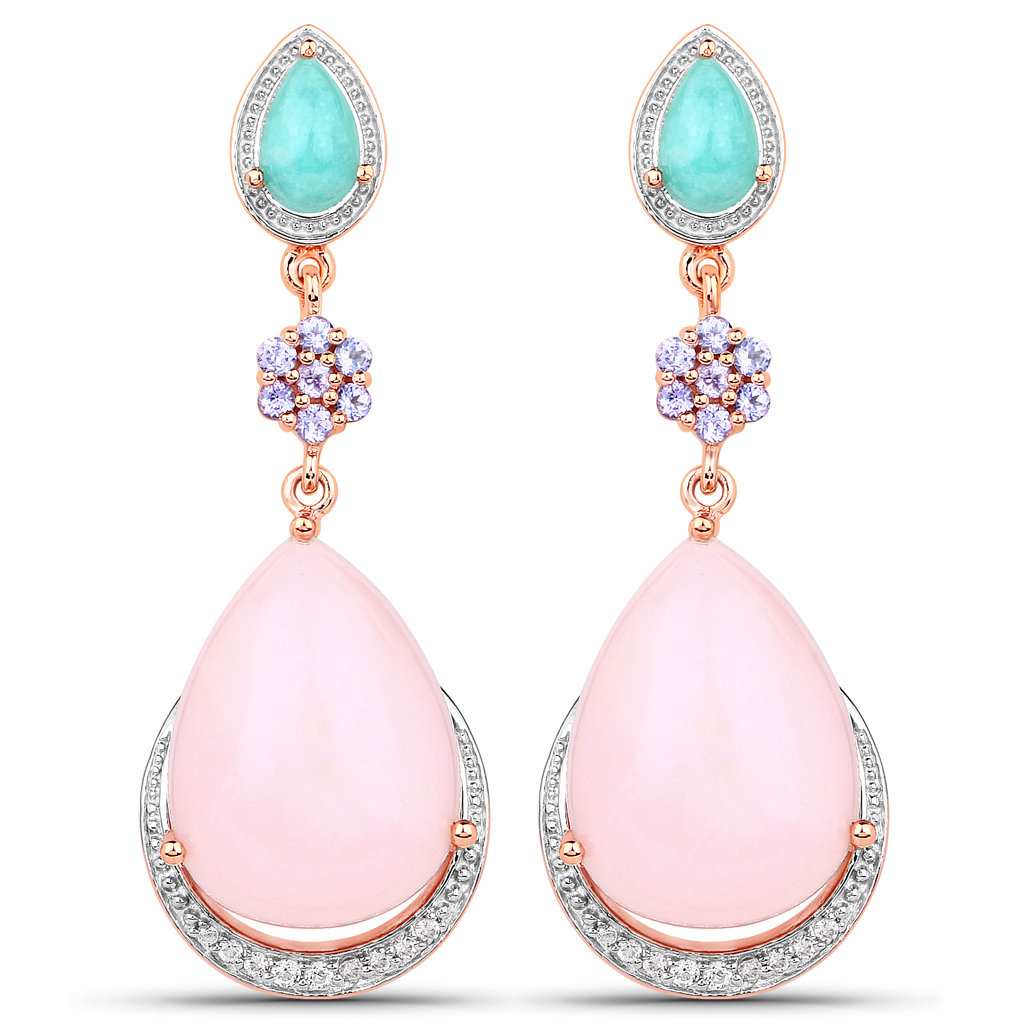 18K Rose Gold Plated 31.93 Carat Genuine Multi Stones .925 Sterling Silver Earrings