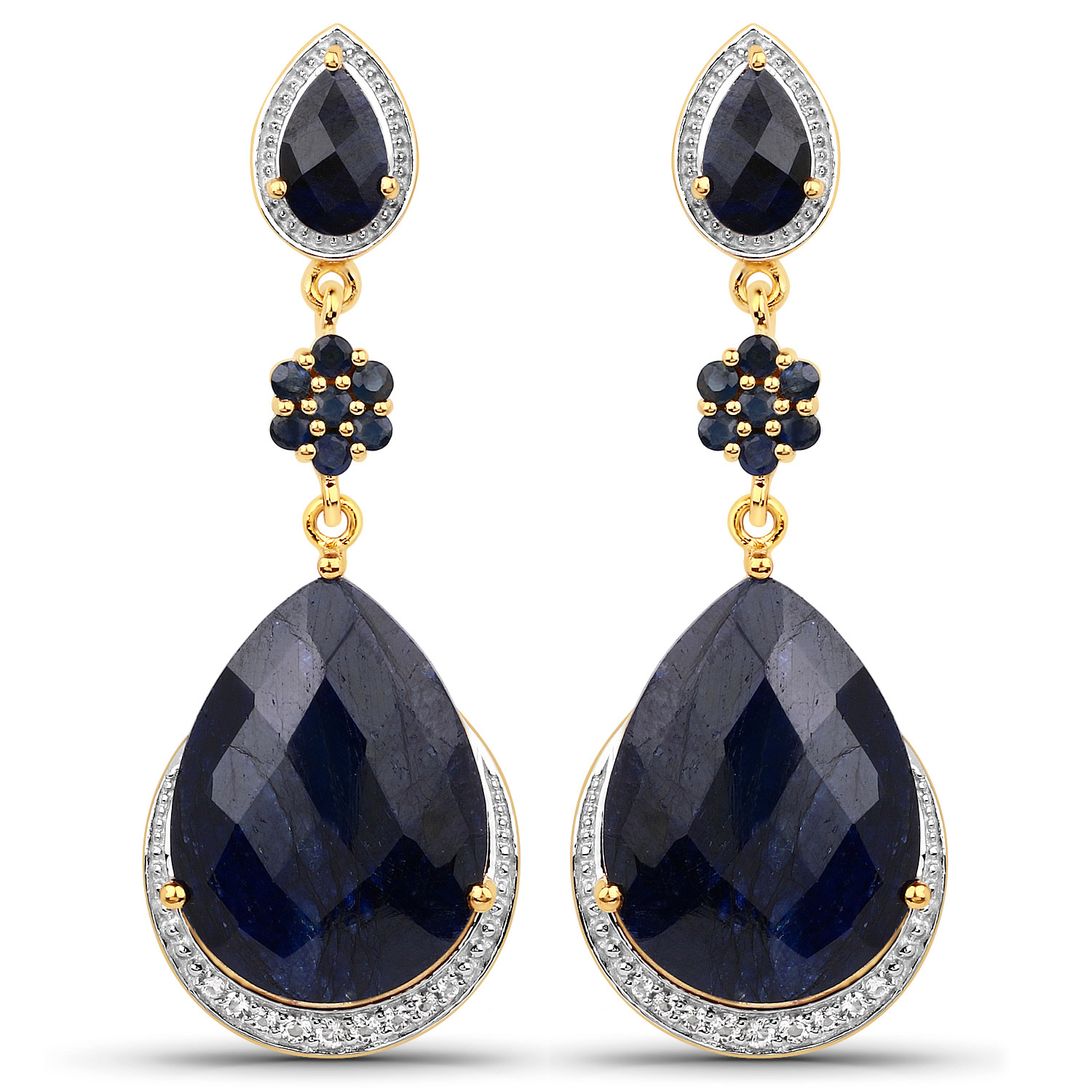 30.04 Carat Dyed Sapphire, Blue Sapphire and White Topaz .925 Sterling Silver Earrings