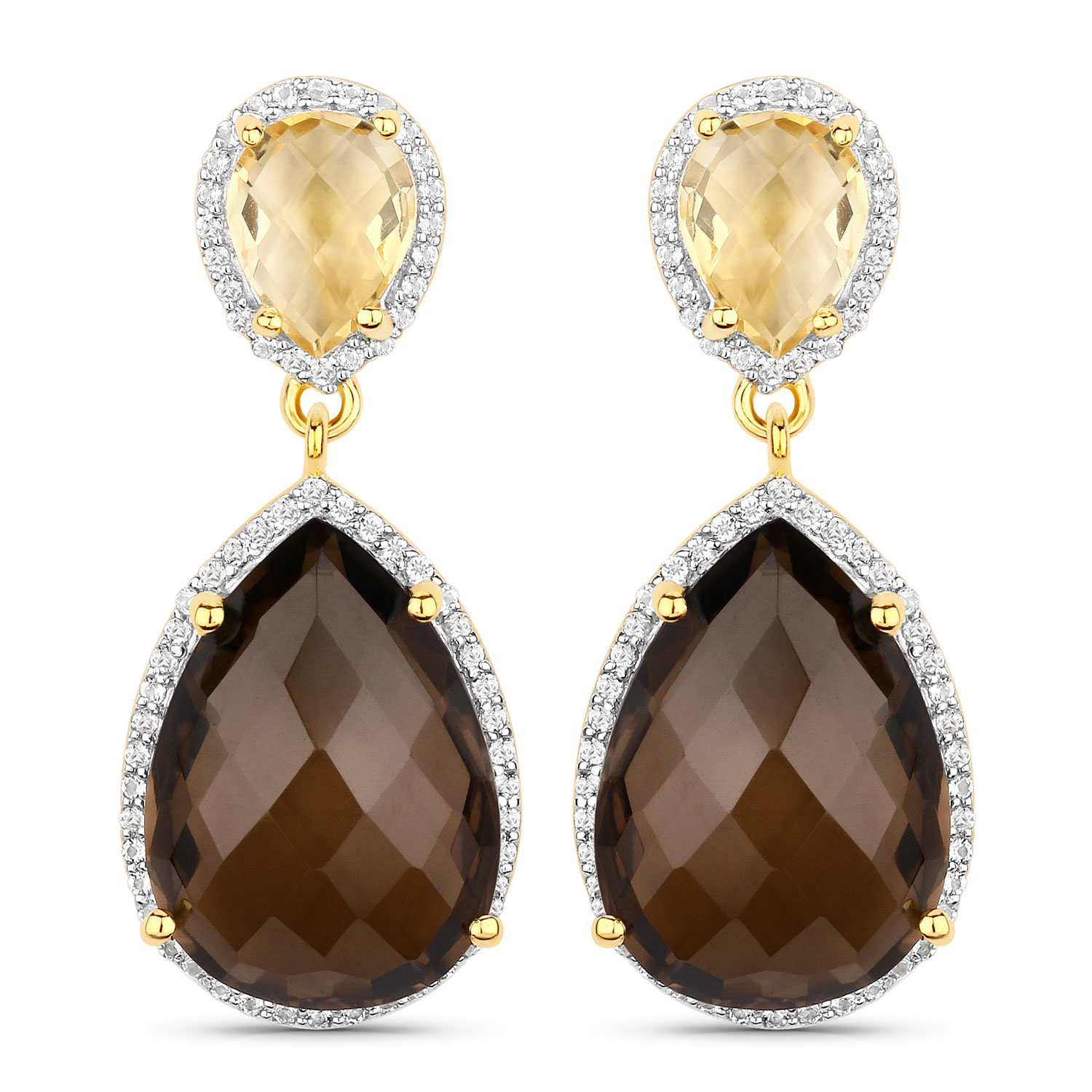 21.12 Carat Genuine Smoky Quartz, Citrine and White Topaz .925 Sterling Silver Earrings