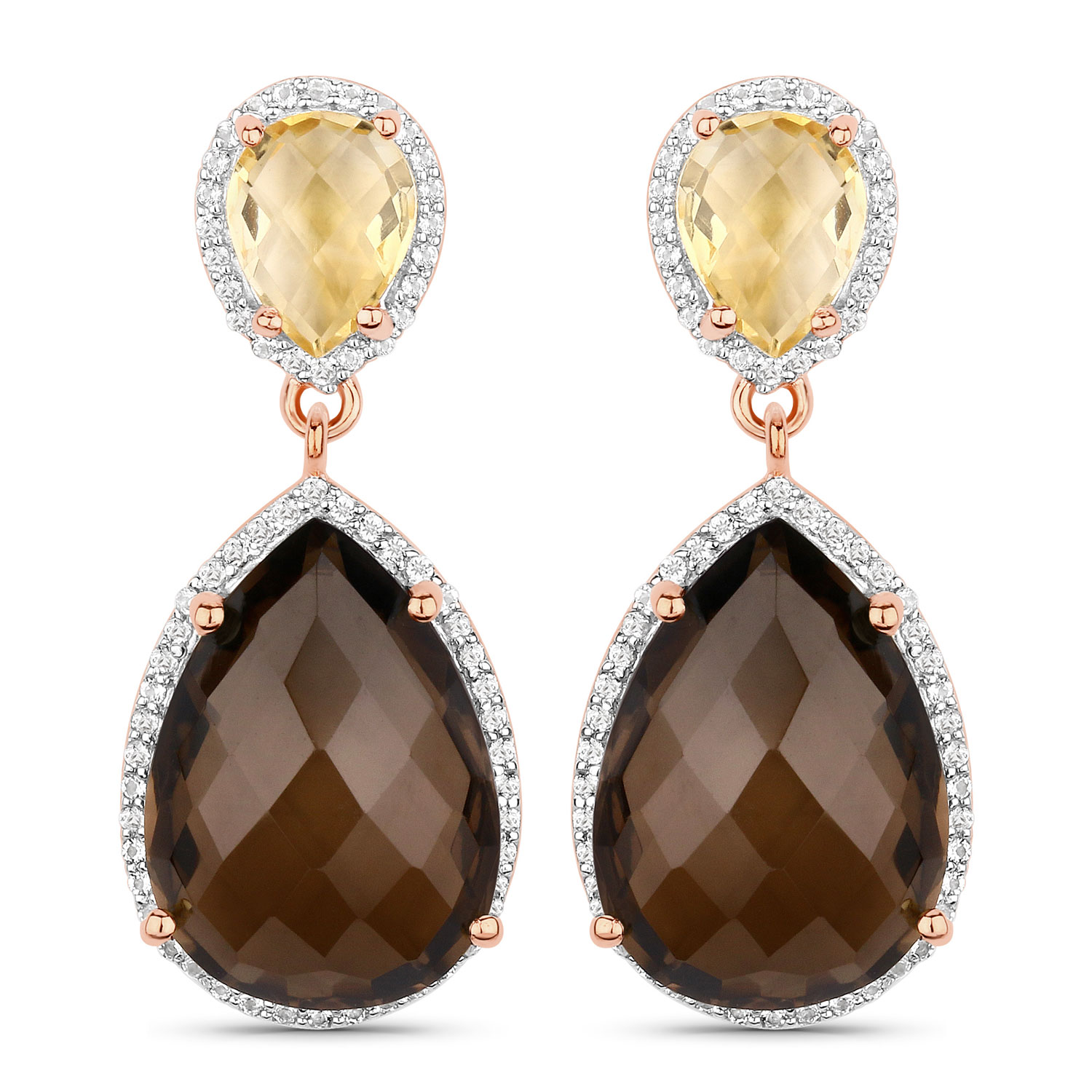 20.80 Carat Genuine Smoky Quartz and Citrine 925 Sterling Silver Earrings