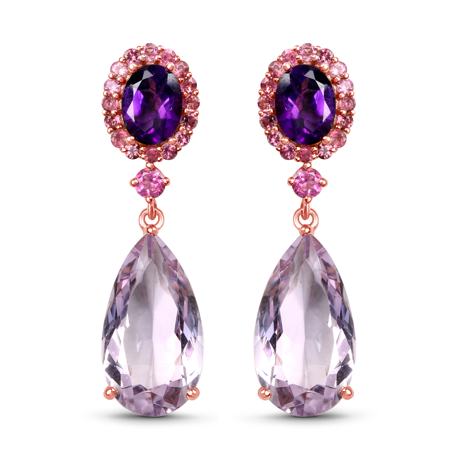 14K Rose Gold Plated 17.80 Carat Genuine Pink Amethyst, Pink Tourmaline & Amethyst .925 Sterling Silver Earrings