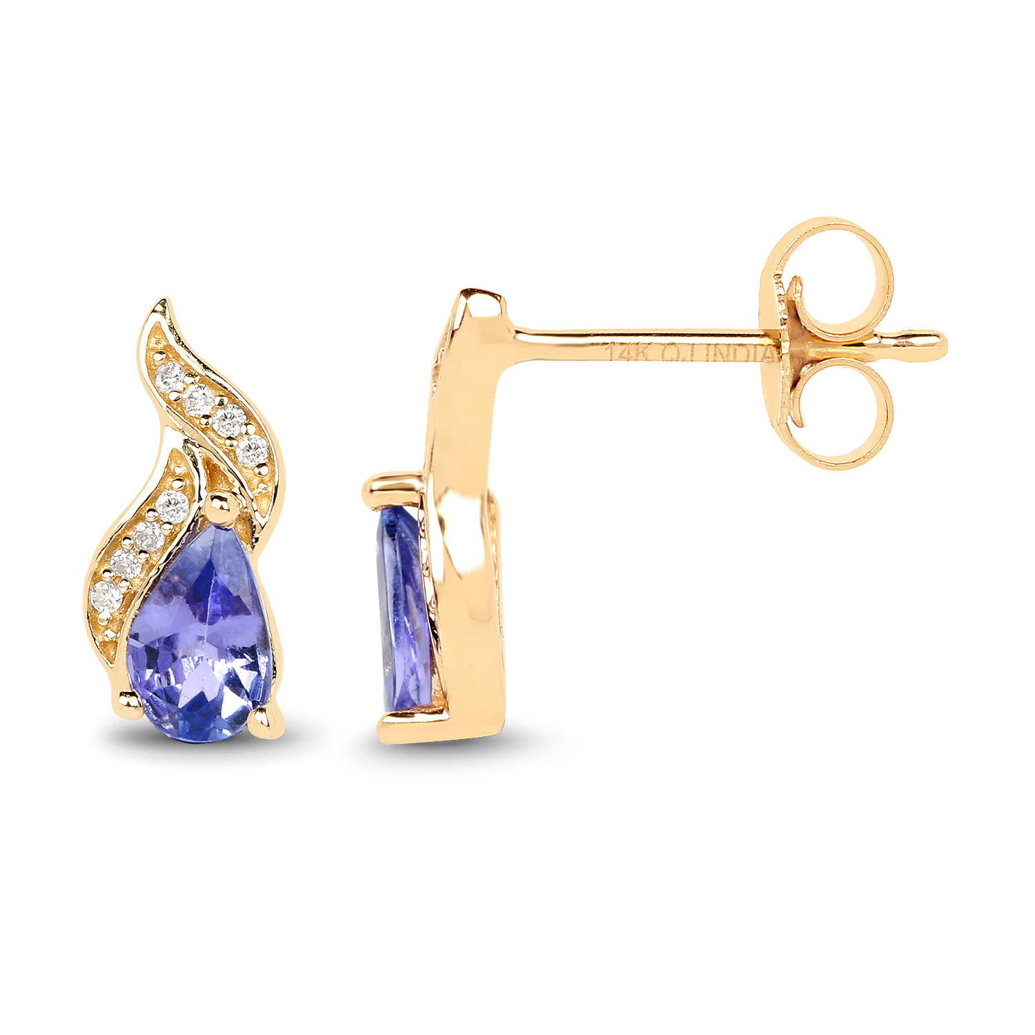 0.79 Carat Genuine Tanzanite and White Diamond 14K Yellow Gold Earrings