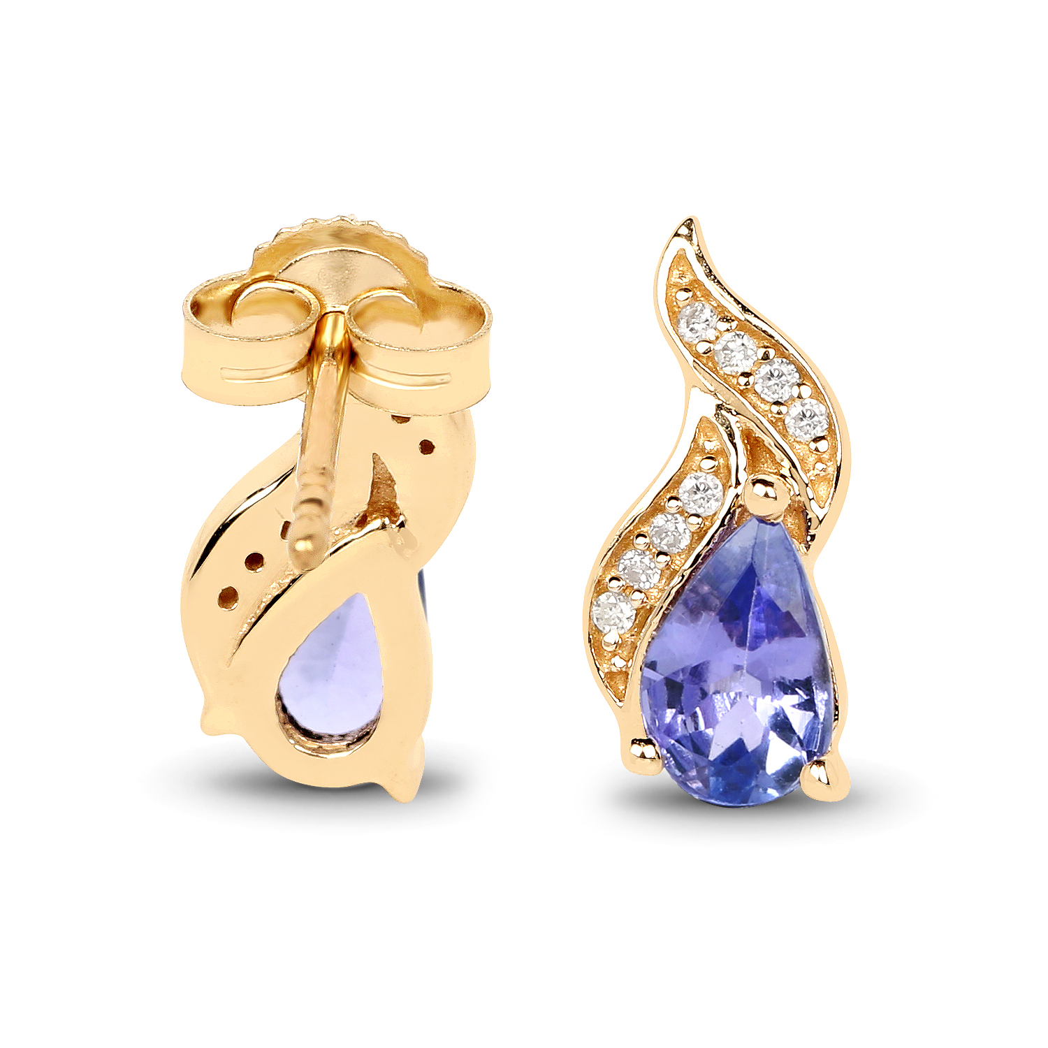0.79 Carat Genuine Tanzanite and White Diamond 14K Yellow Gold Earrings