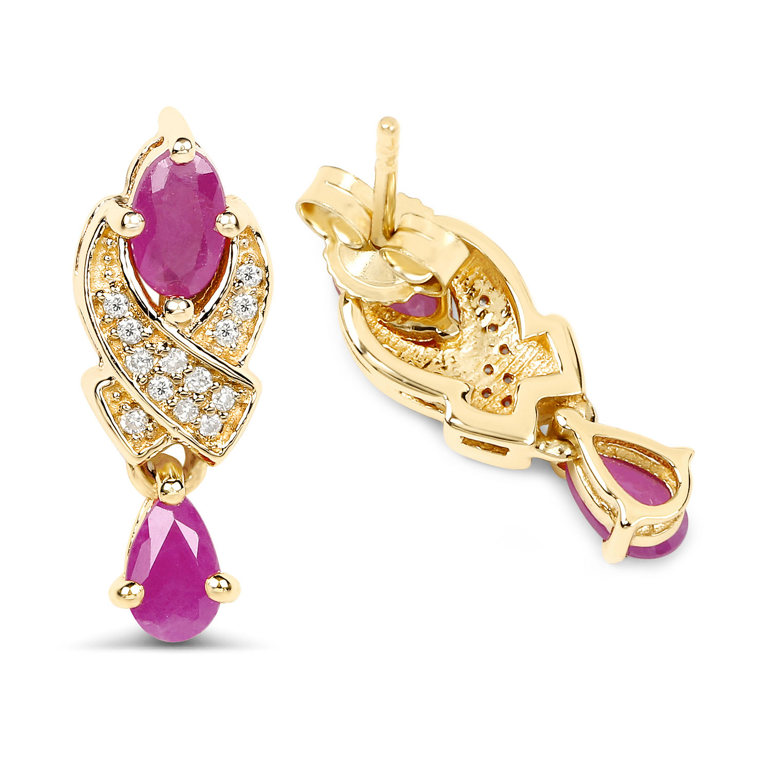 1.12 Carat Genuine Ruby and White Diamond 14K Yellow Gold Earrings
