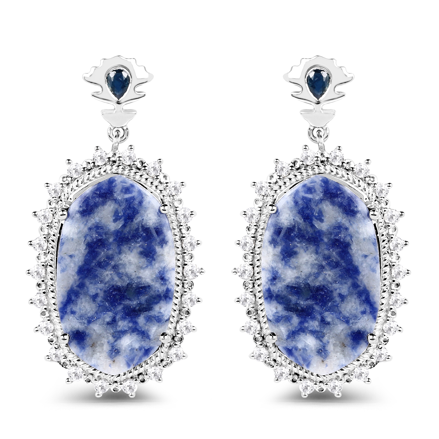 21.26 Carat Genuine Blue Aventurine, Blue Sapphire & White Topaz .925 Sterling Silver Earrings