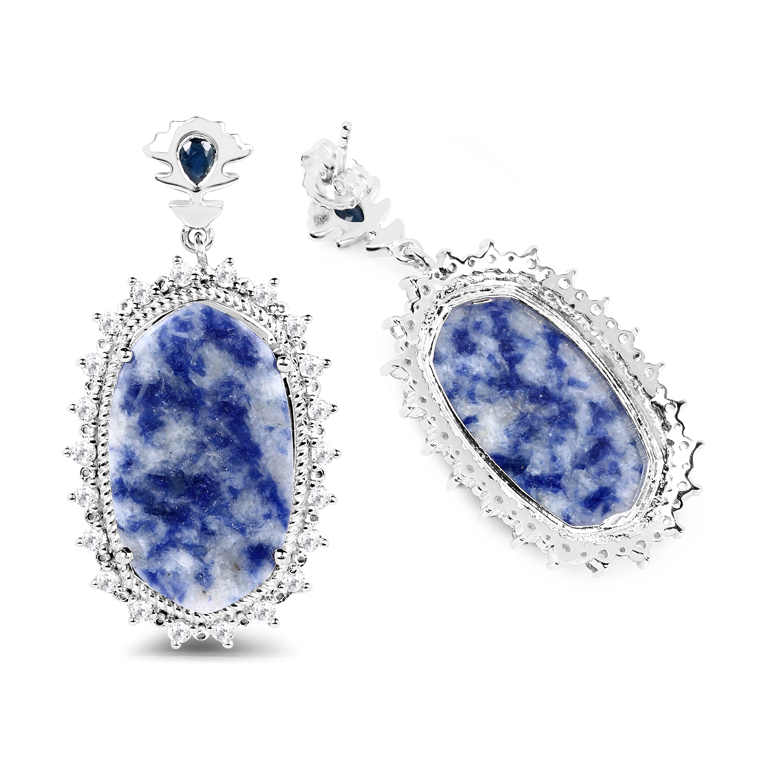 21.26 Carat Genuine Blue Aventurine, Blue Sapphire & White Topaz .925 Sterling Silver Earrings
