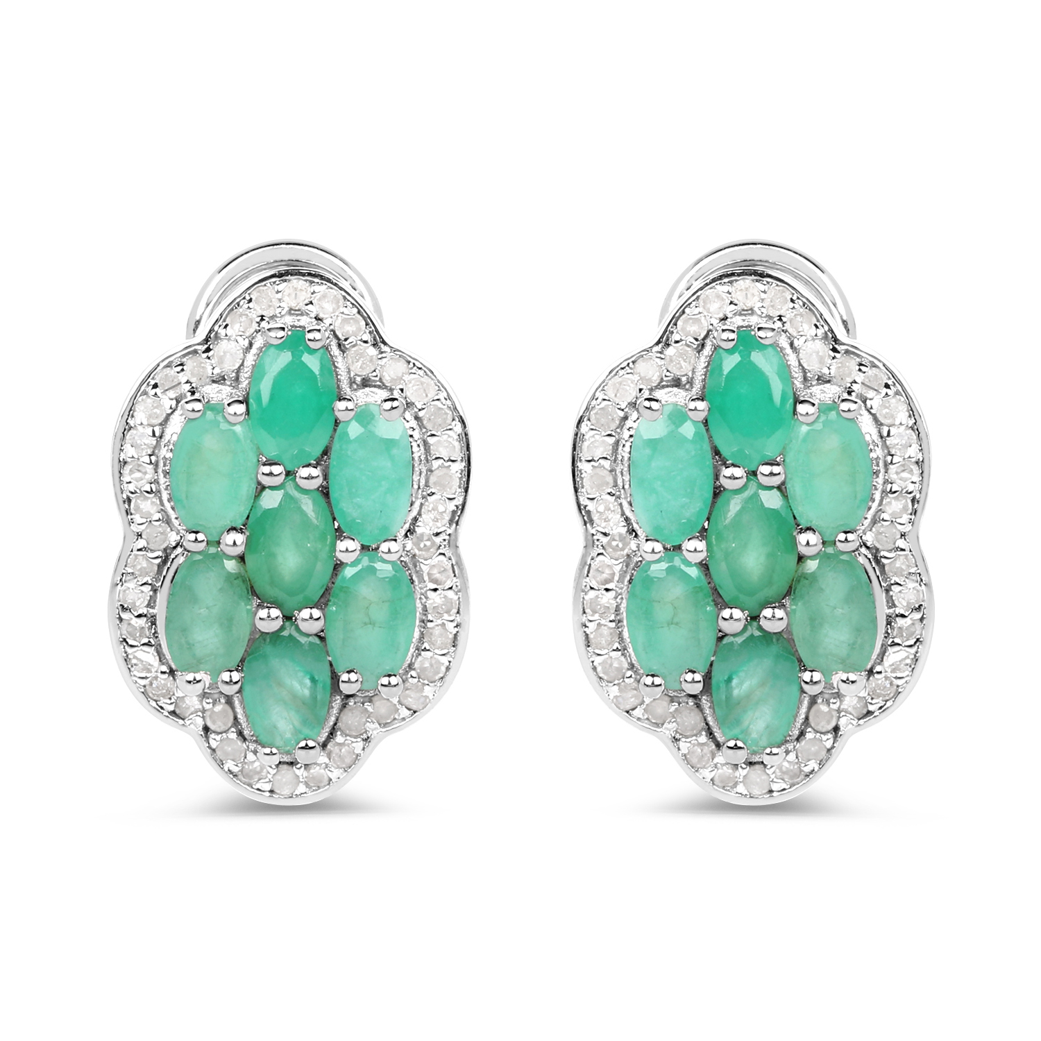 3.24 Carat Genuine Emerald and White Diamond .925 Sterling Silver Earrings