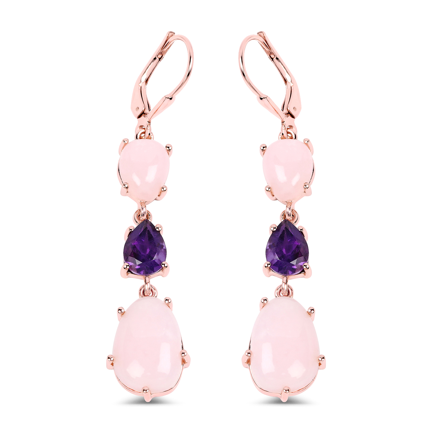 14K Rose Gold Plated 12.72 Carat Genuine Pink Opal and Amethyst .925 Sterling Silver Earrings