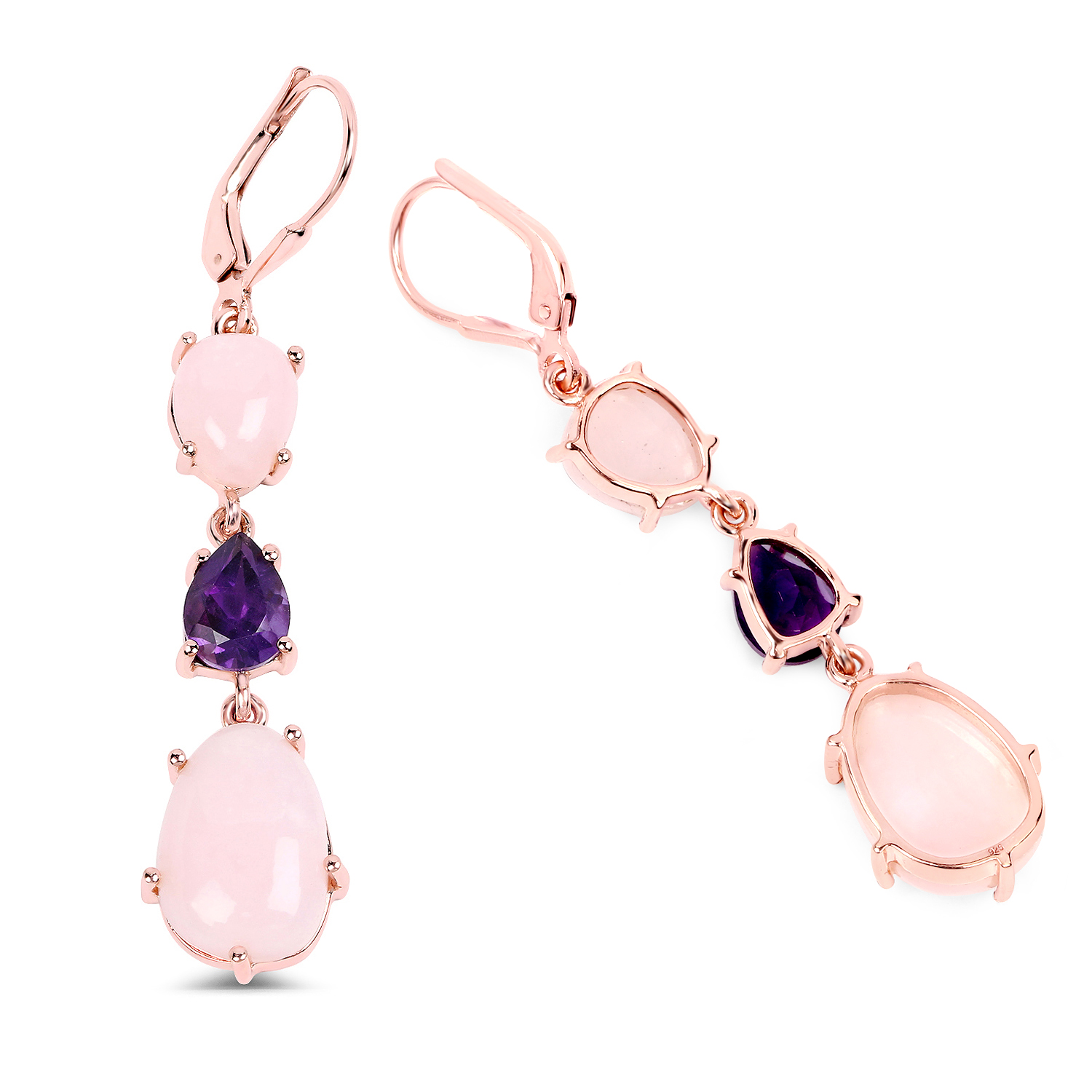 14K Rose Gold Plated 12.72 Carat Genuine Pink Opal and Amethyst .925 Sterling Silver Earrings