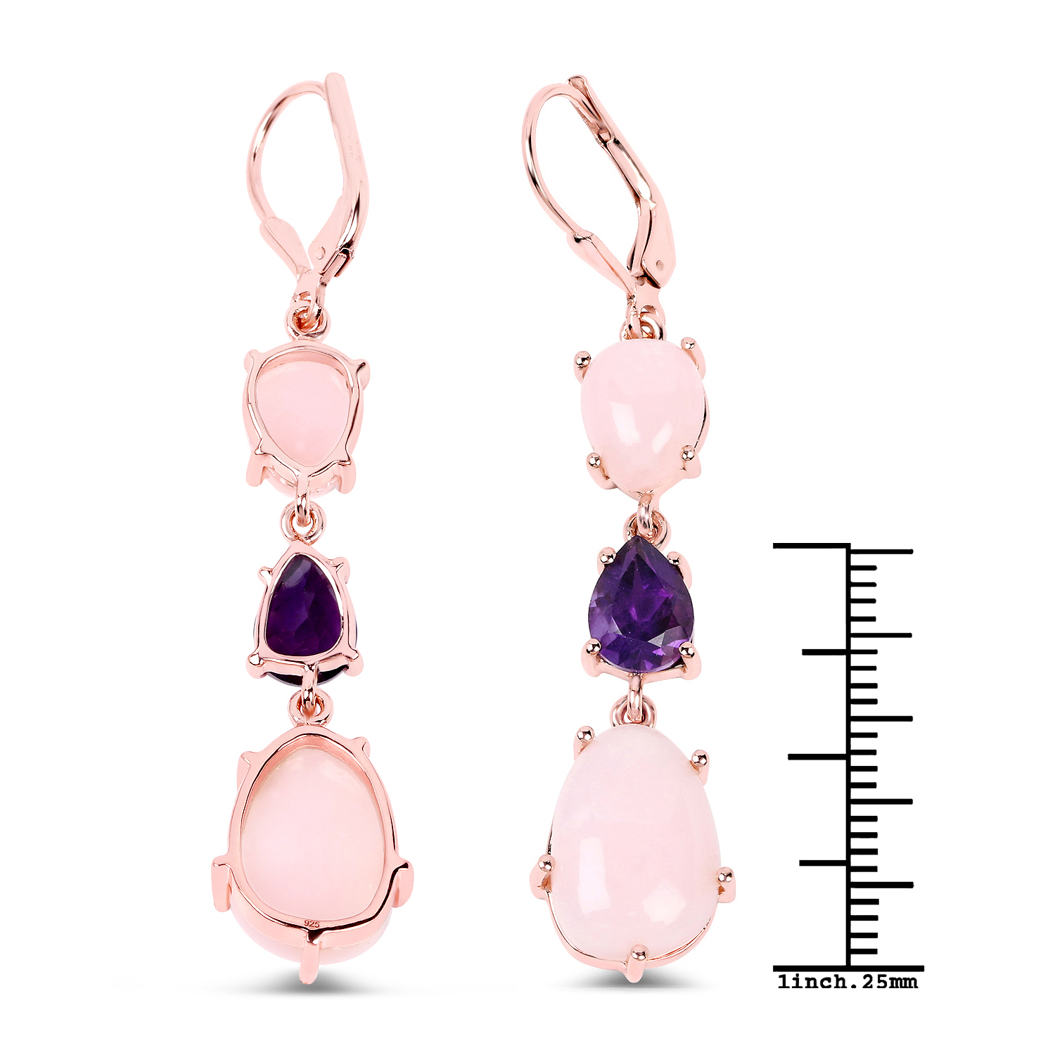 14K Rose Gold Plated 12.72 Carat Genuine Pink Opal and Amethyst .925 Sterling Silver Earrings