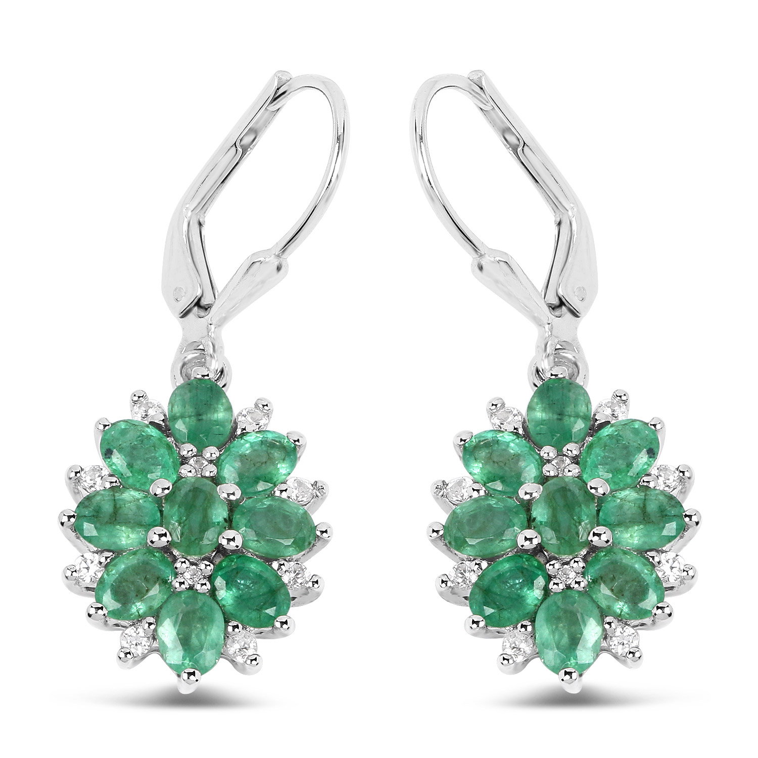 3.04 Carat Genuine Zambian Emerald and White Zircon .925 Sterling Silver Earrings