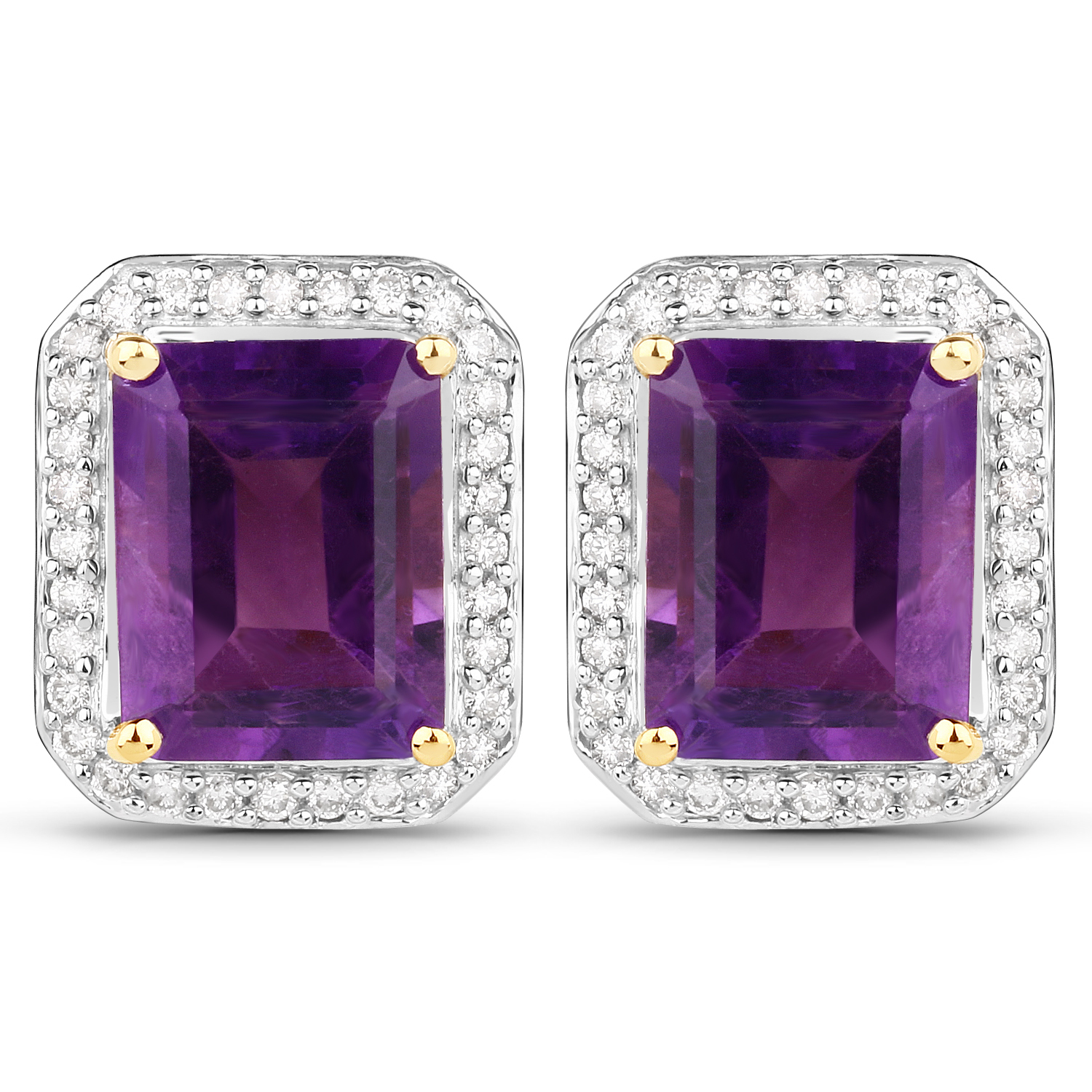 4.49 Carat Genuine Amethyst and White Diamond 14K Yellow Gold Earrings