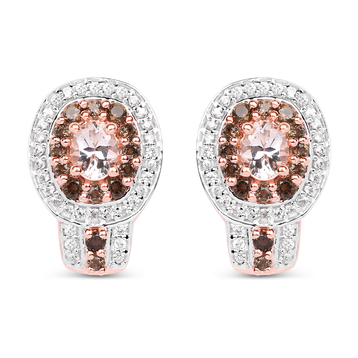 18K Rose Gold Plated 1.36 Carat Genuine Morganite, Smoky Quartz and White Zircon .925 Sterling Silver Earrings