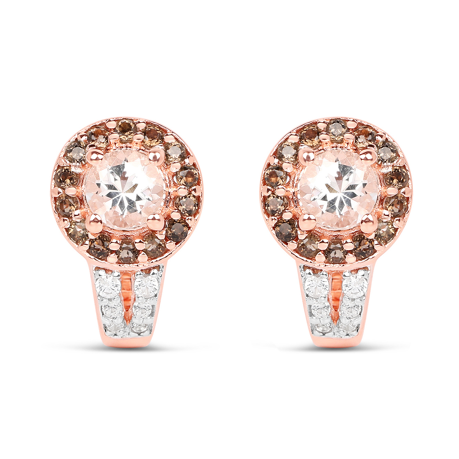 18K Rose Gold Plated 1.42 Carat Genuine Morganite, Smoky Quartz and White Zircon .925 Sterling Silver Earrings