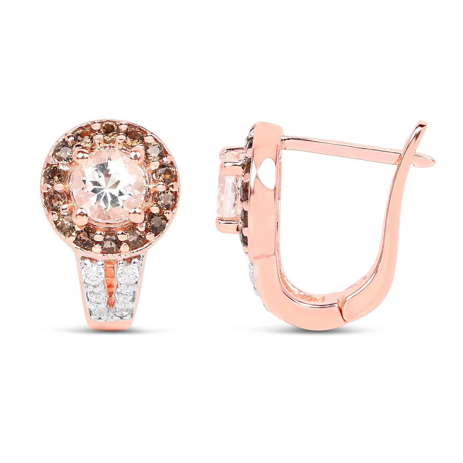 18K Rose Gold Plated 1.42 Carat Genuine Morganite, Smoky Quartz and White Zircon .925 Sterling Silver Earrings
