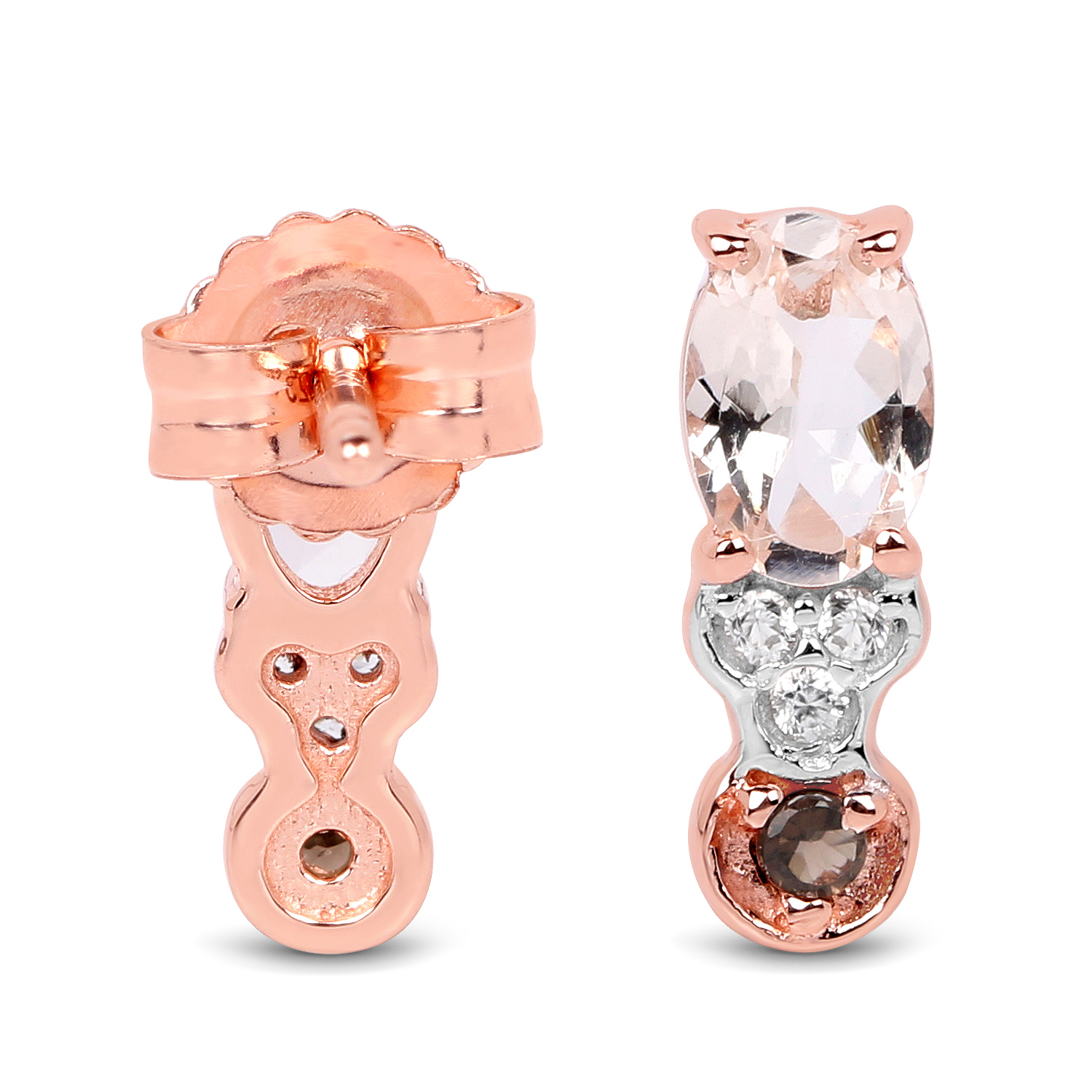 18K Rose Gold Plated 0.97 Carat Genuine Morganite, Smoky Quartz and White Zircon .925 Sterling Silver Earrings