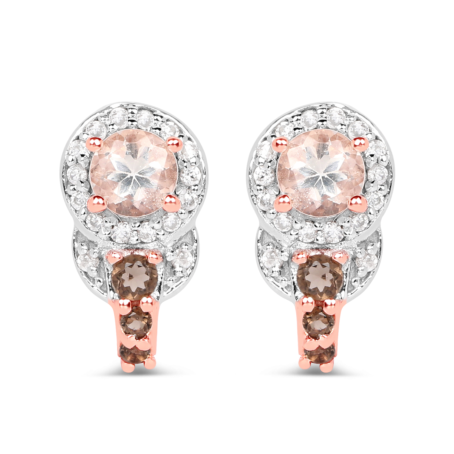 18K Rose Gold Plated 0.84 Carat Genuine Morganite, Smoky Quartz and White Zircon .925 Sterling Silver Earrings