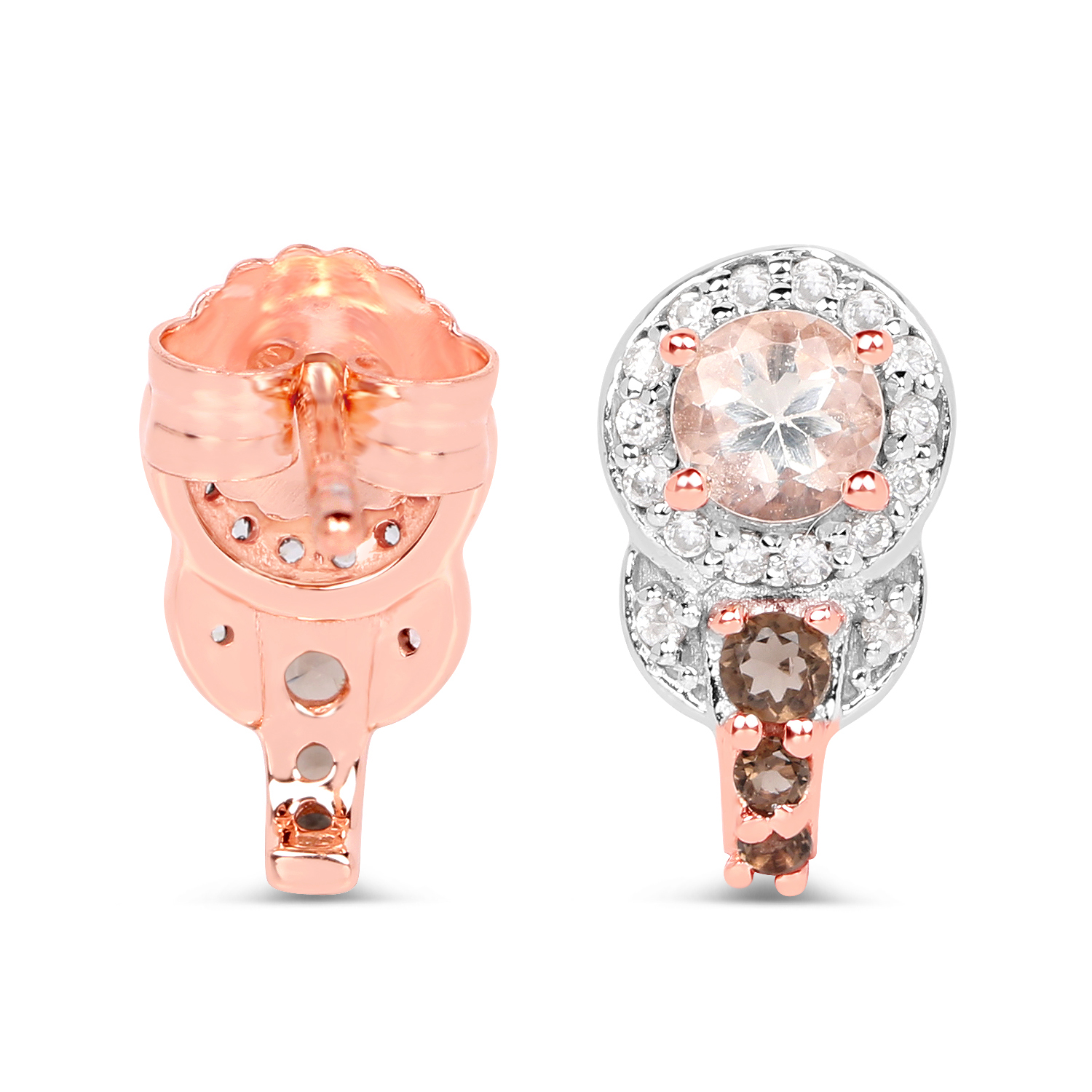 18K Rose Gold Plated 0.84 Carat Genuine Morganite, Smoky Quartz and White Zircon .925 Sterling Silver Earrings