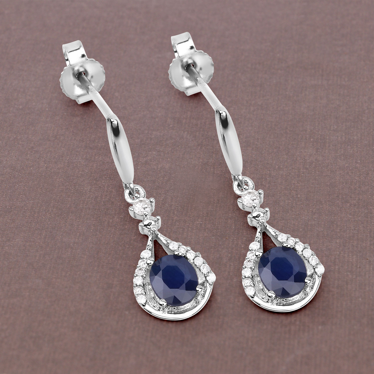 0.86 Carat Genuine Blue Sapphire and White Diamond 14K White Gold Earrings