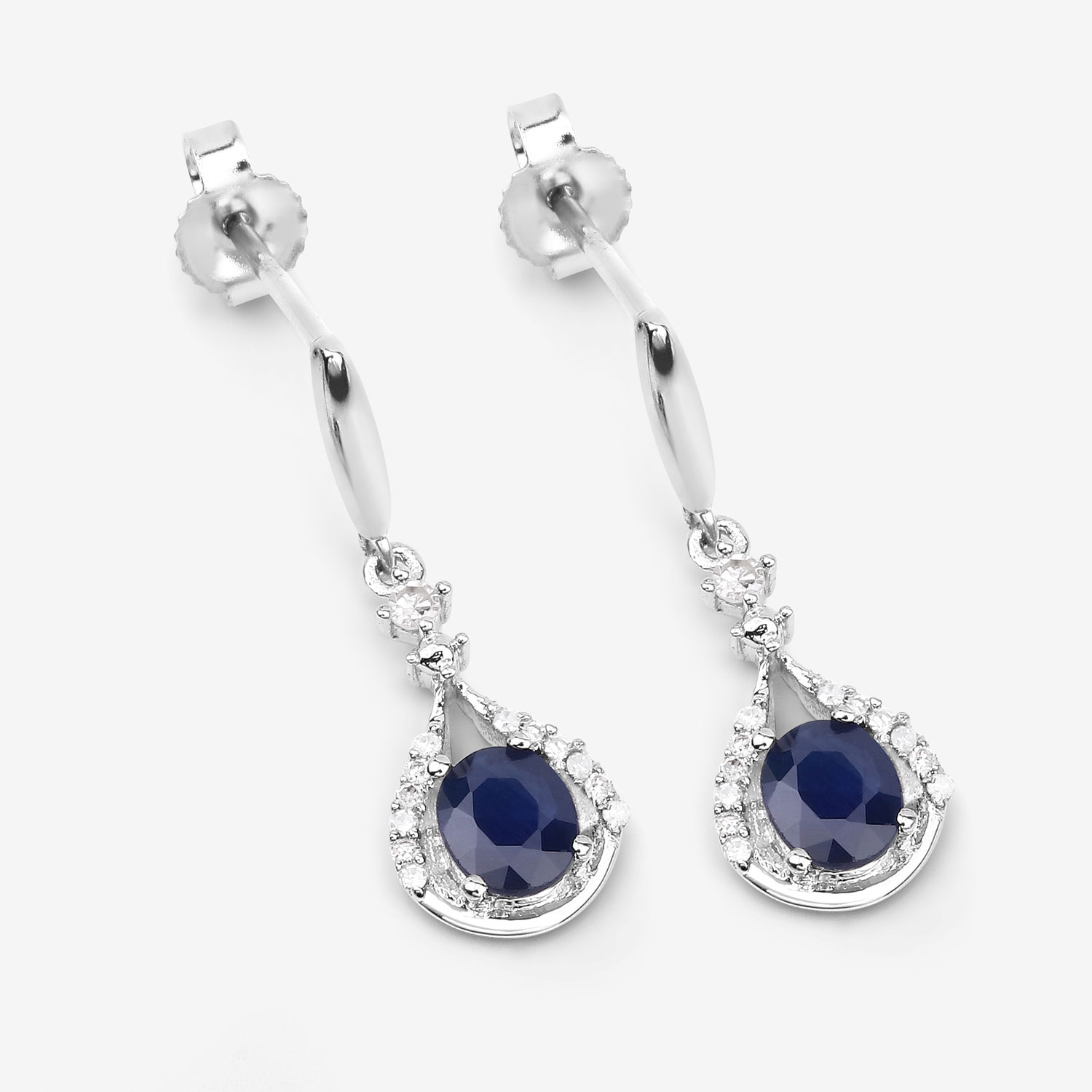 0.86 Carat Genuine Blue Sapphire and White Diamond 14K White Gold Earrings