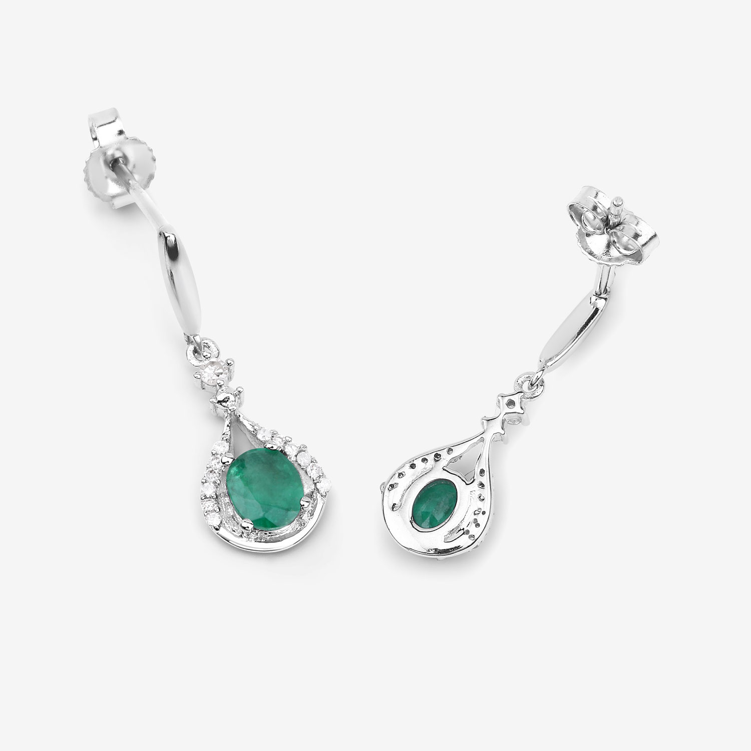 0.70 Carat Genuine Zambian Emerald and White Diamond 14K White Gold Earrings