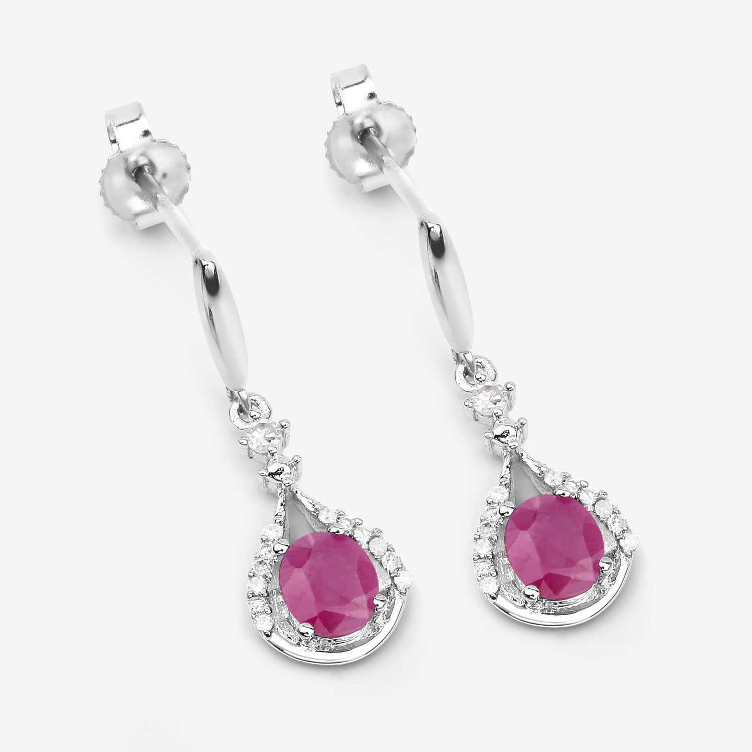 0.70 Carat Genuine Ruby and White Diamond 14K White Gold Earrings