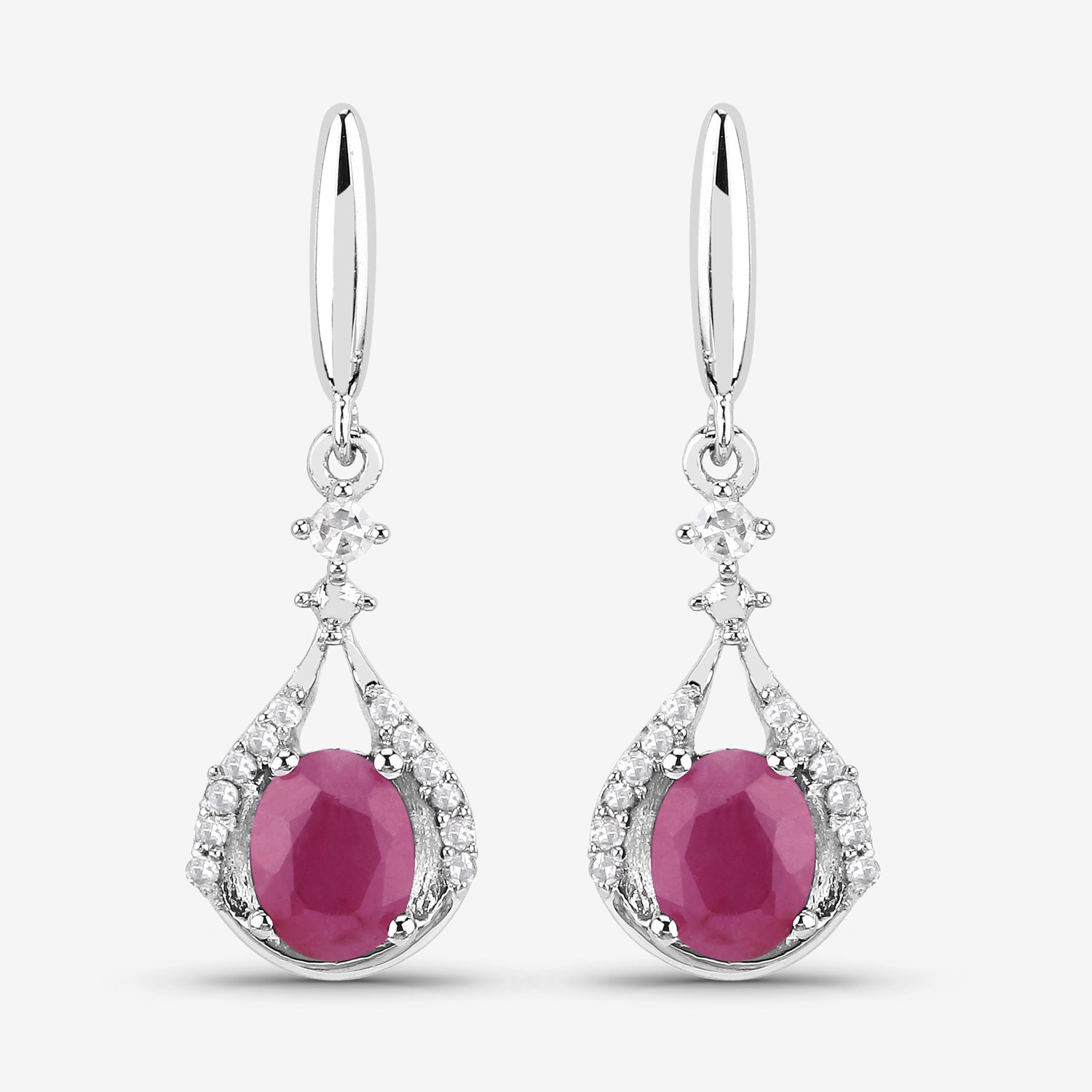 0.70 Carat Genuine Ruby and White Diamond 14K White Gold Earrings