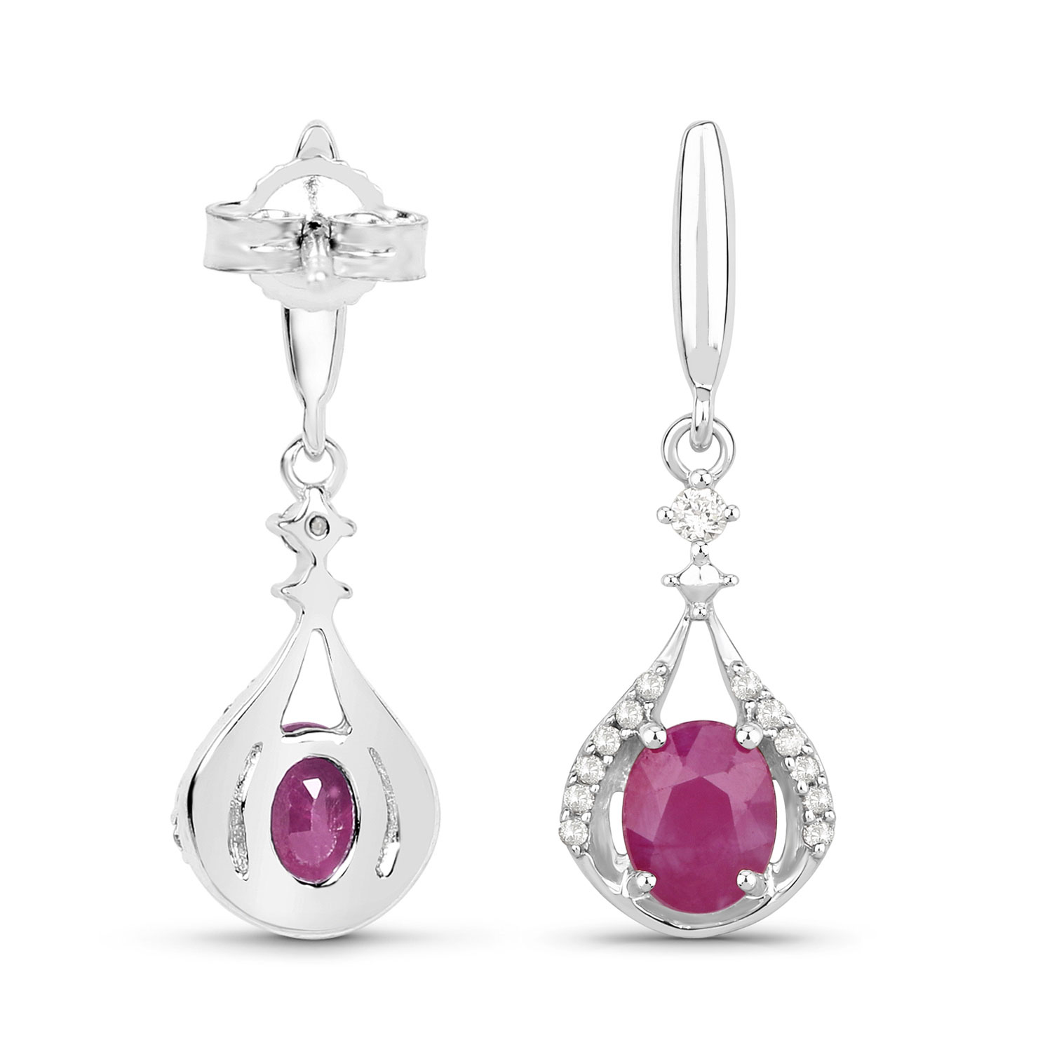 0.70 Carat Genuine Ruby and White Diamond 14K White Gold Earrings