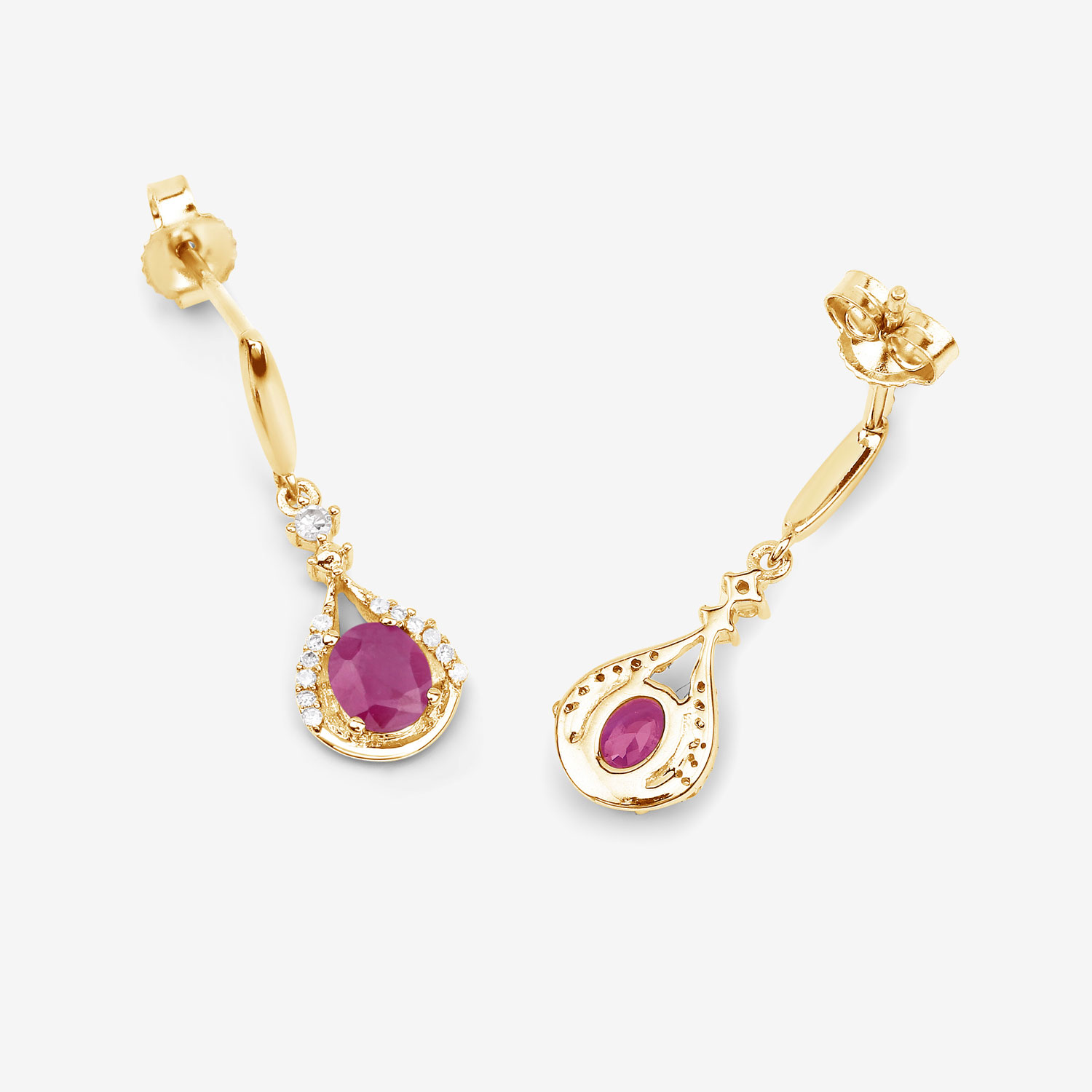 0.70 Carat Genuine Ruby and White Diamond 14K Yellow Gold Earrings