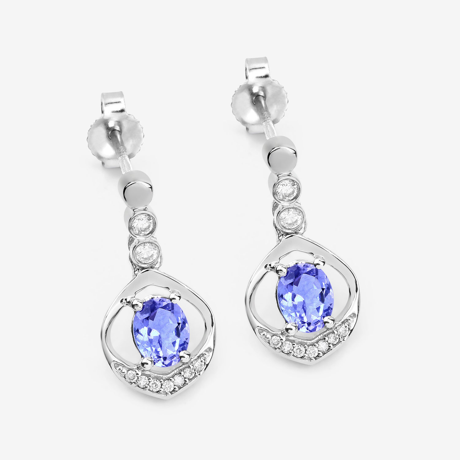 0.76 Carat Genuine Tanzanite and White Diamond 14K White Gold Earrings