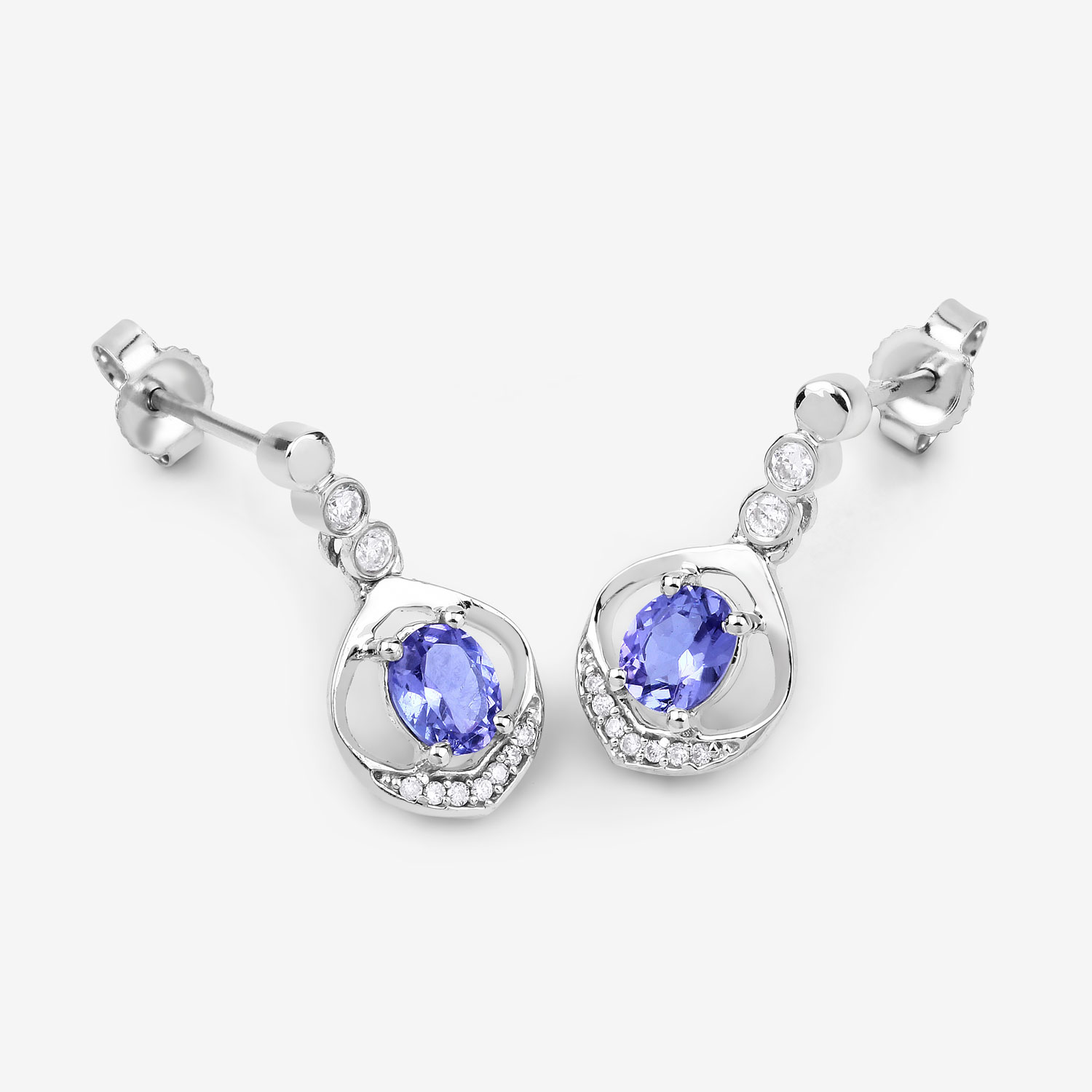 0.76 Carat Genuine Tanzanite and White Diamond 14K White Gold Earrings