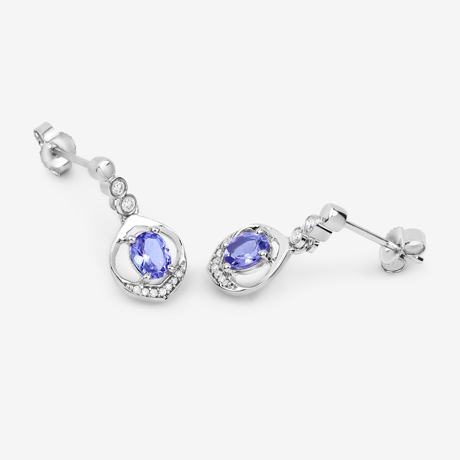 0.76 Carat Genuine Tanzanite and White Diamond 14K White Gold Earrings