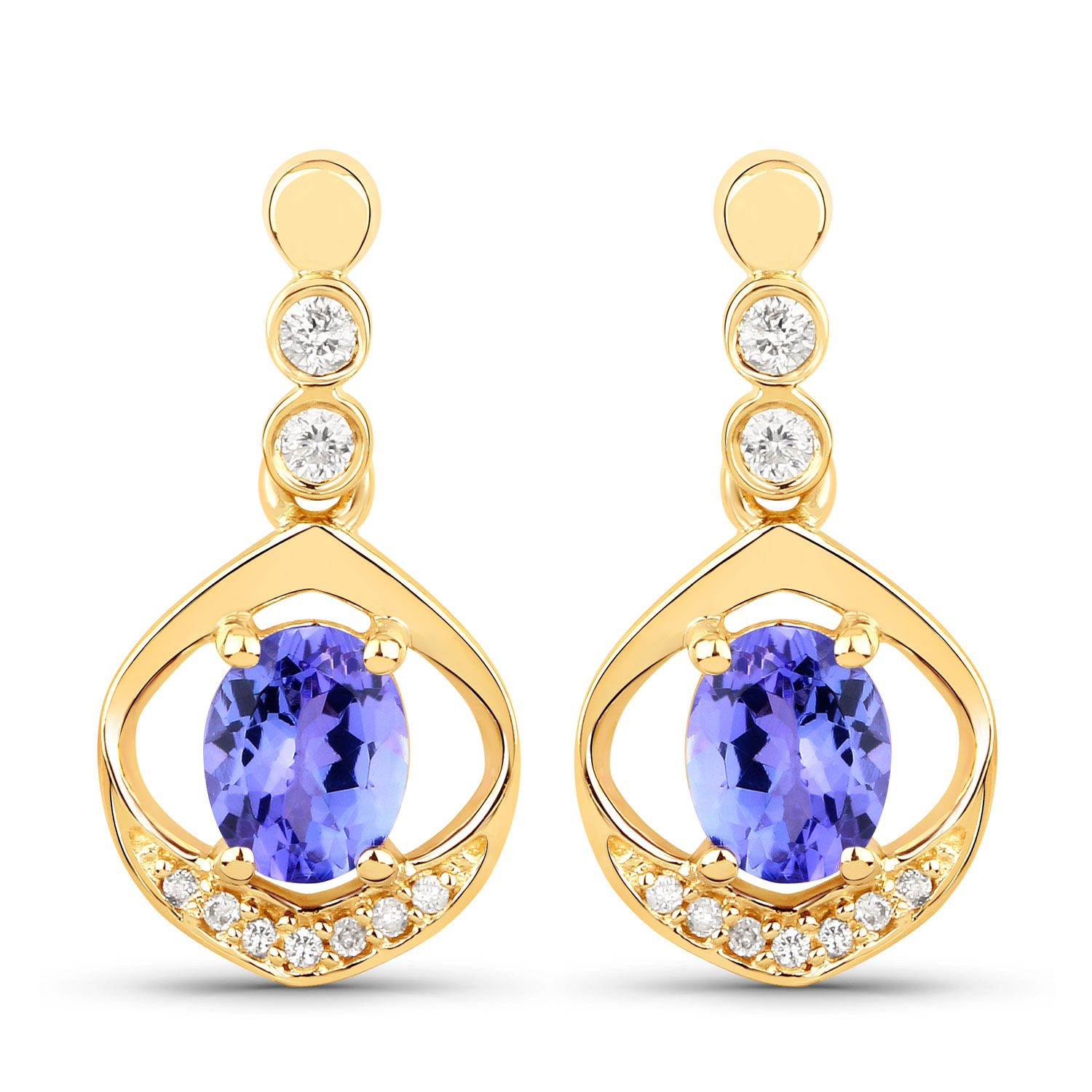 0.76 Carat Genuine Tanzanite and White Diamond 14K Yellow Gold Earrings