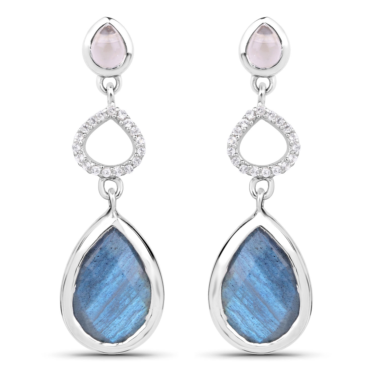 9.57 Carat Genuine Rose Quartz, Labradorite And White Topaz .925 Sterling Silver Earrings