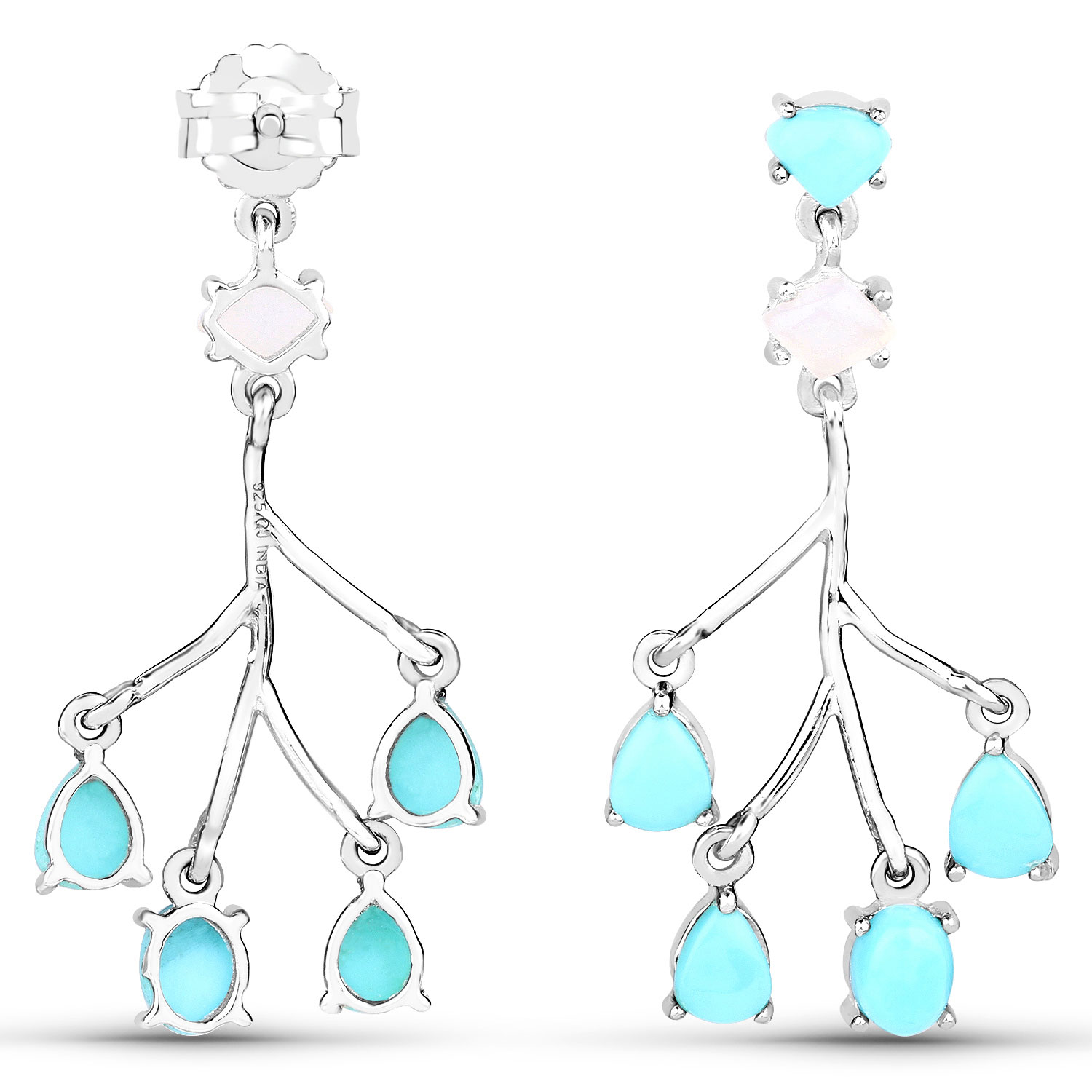 3.55 Carat Genuine Turquoise and White Agate .925 Sterling Silver Earrings