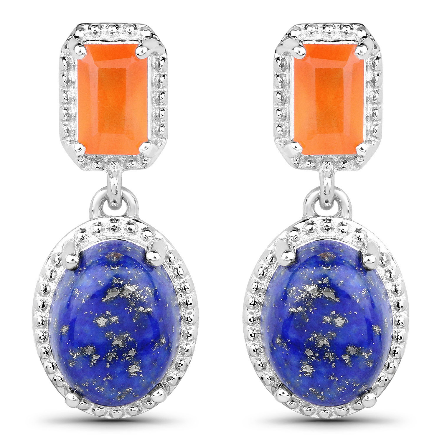 5.22 Carat Genuine Carnelian and Lapis .925 Sterling Silver Earrings