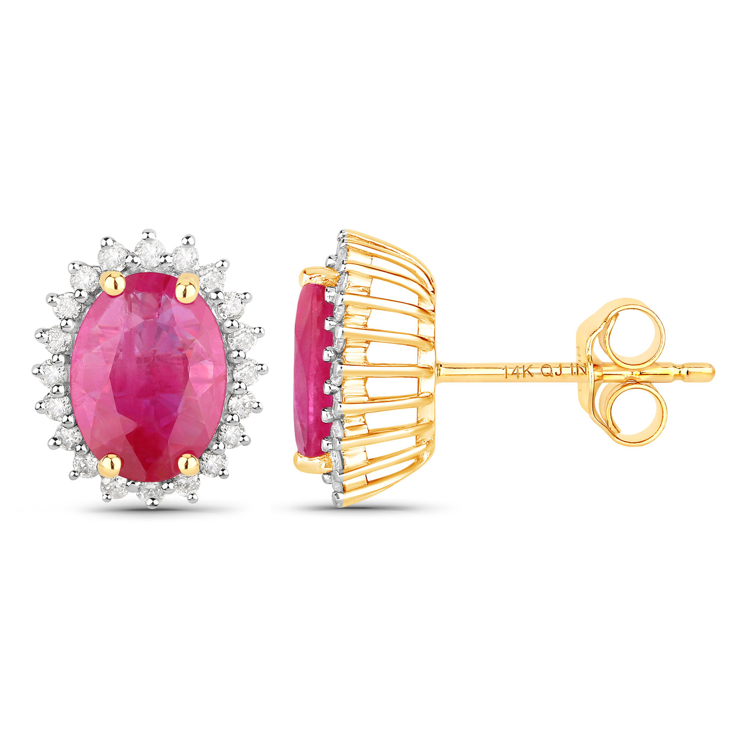 3.14 Carat Genuine Ruby and White Diamond 14K Yellow Gold Earrings