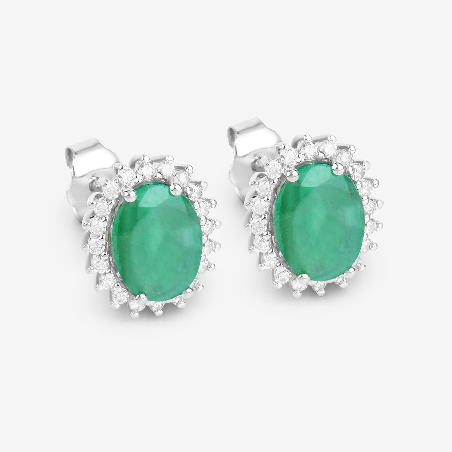 2.66 Carat Genuine Zambian Emerald and White Diamond 10K White Gold Earrings